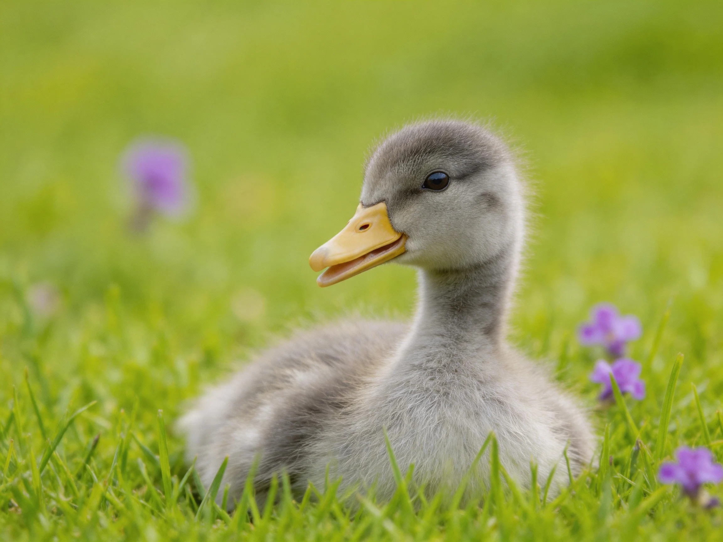 A fluffy gray duckling rests in lush green grass near purple flowers