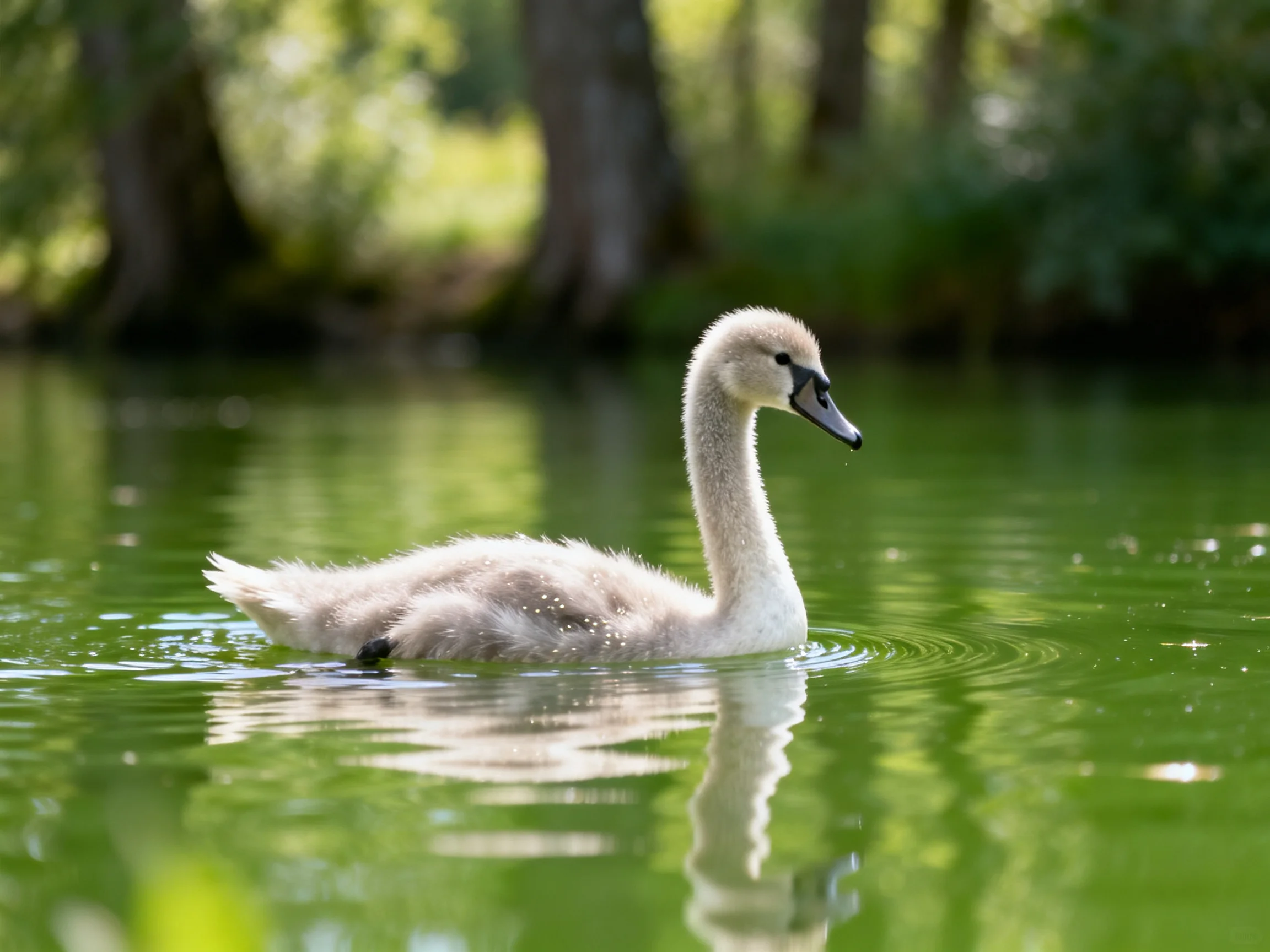 A fluffy juvenile swan glides on green water near trees