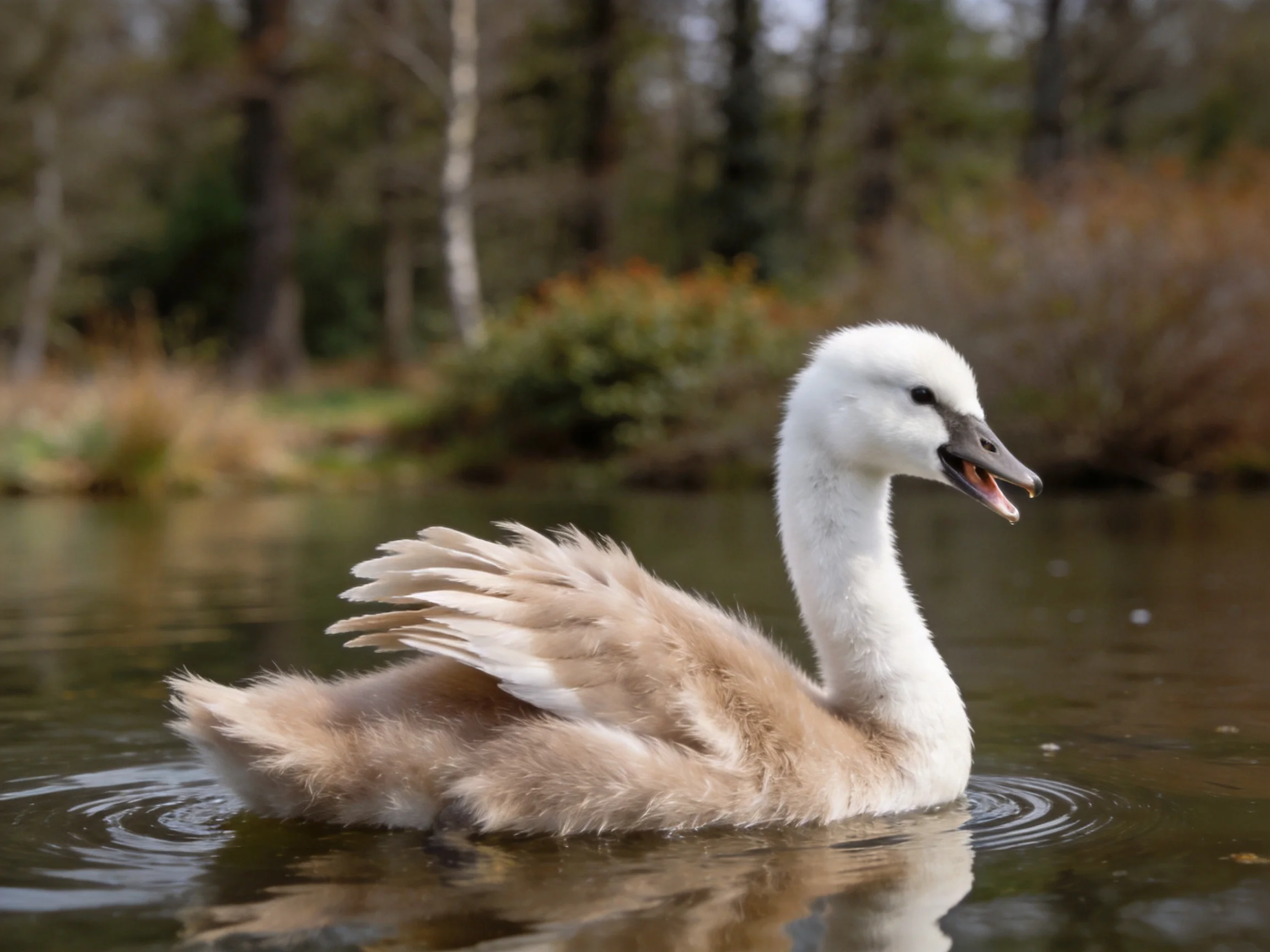 A fluffy white and tan cygnet swims in calm water near trees