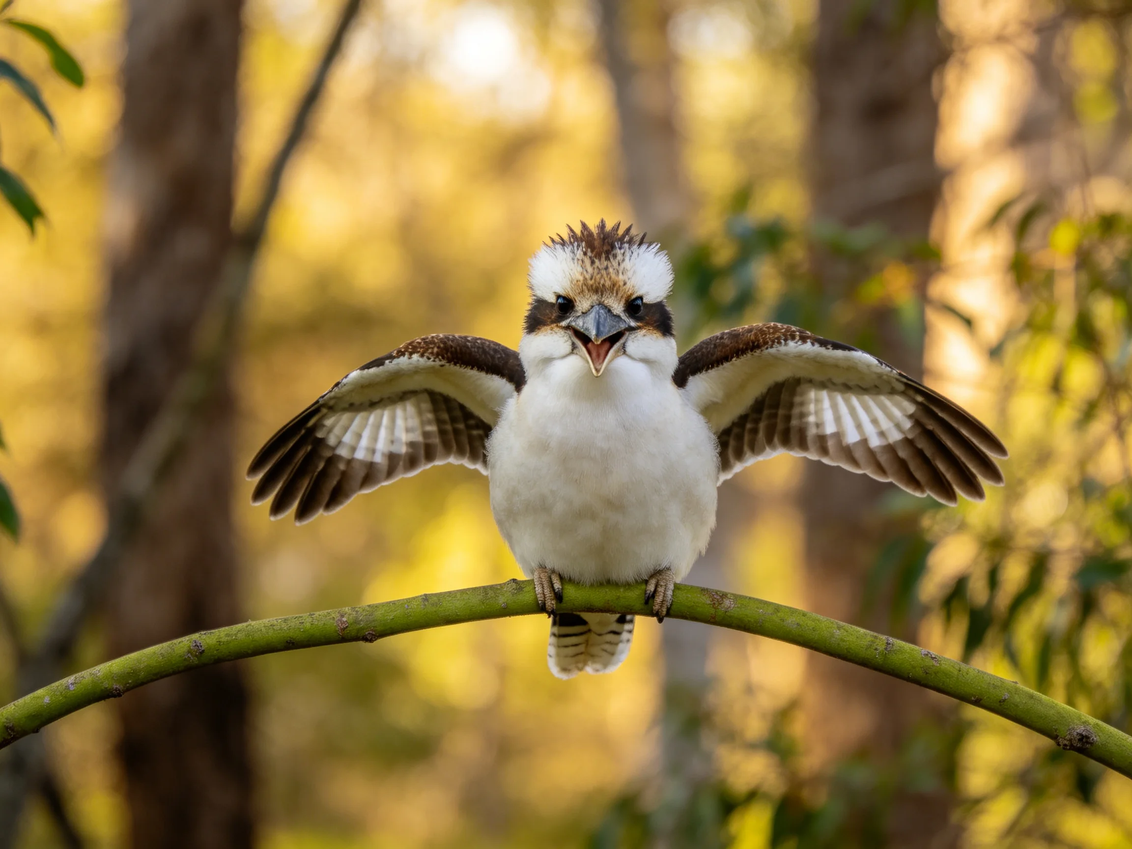 A fluffy white bird spreads wings on a curved green branch
