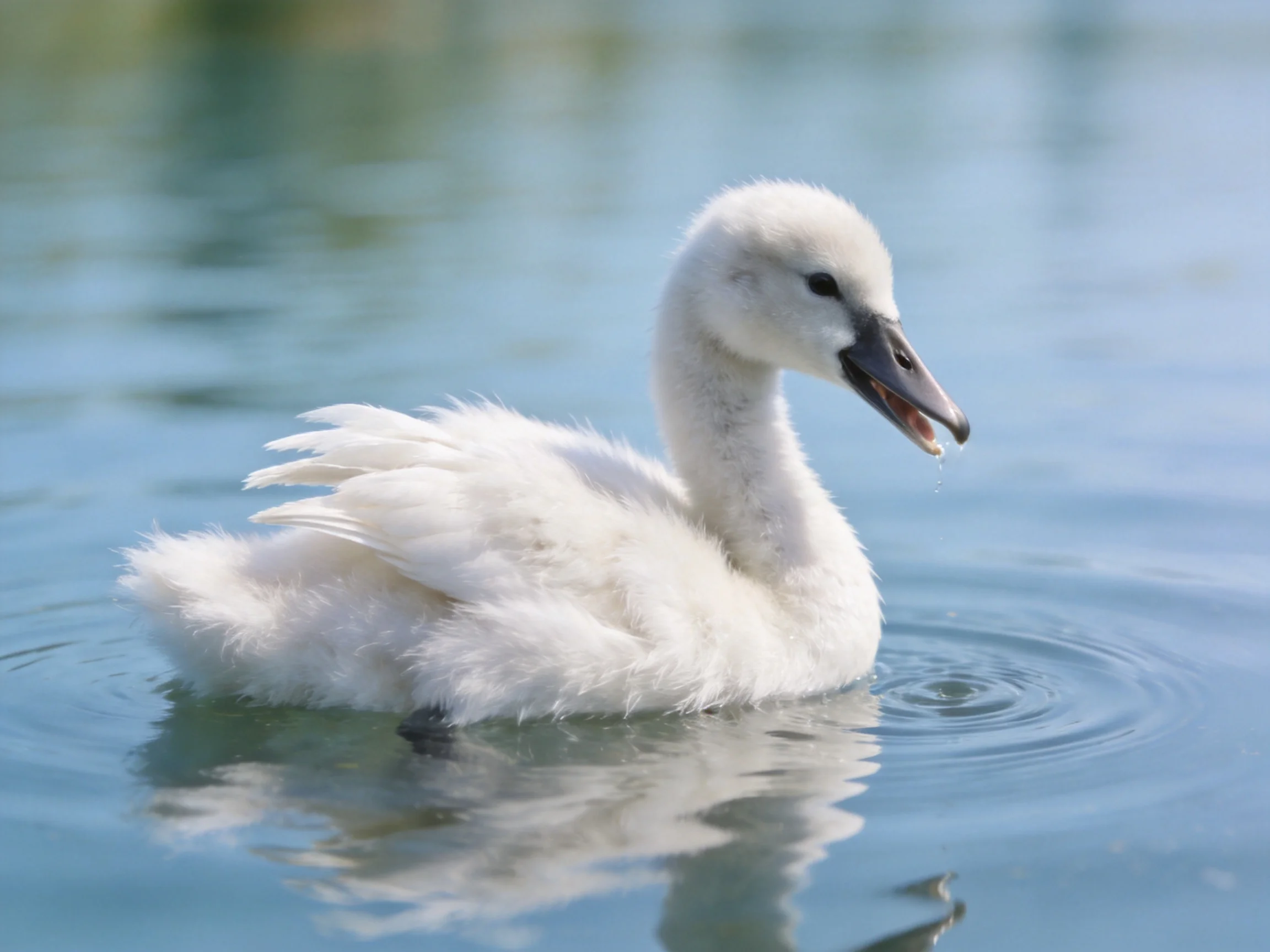 A fluffy white cygnet swimming in calm blue water