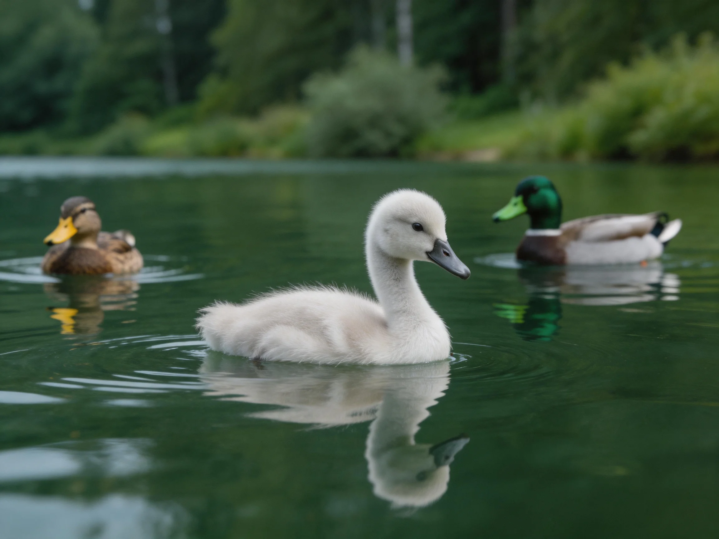 A fluffy white duckling swims with two adult ducks in calm green water