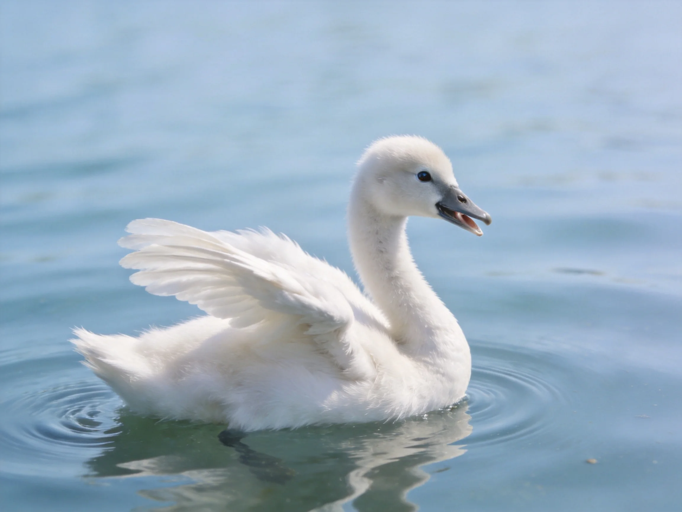 A fluffy white swan chick gliding on calm blue water
