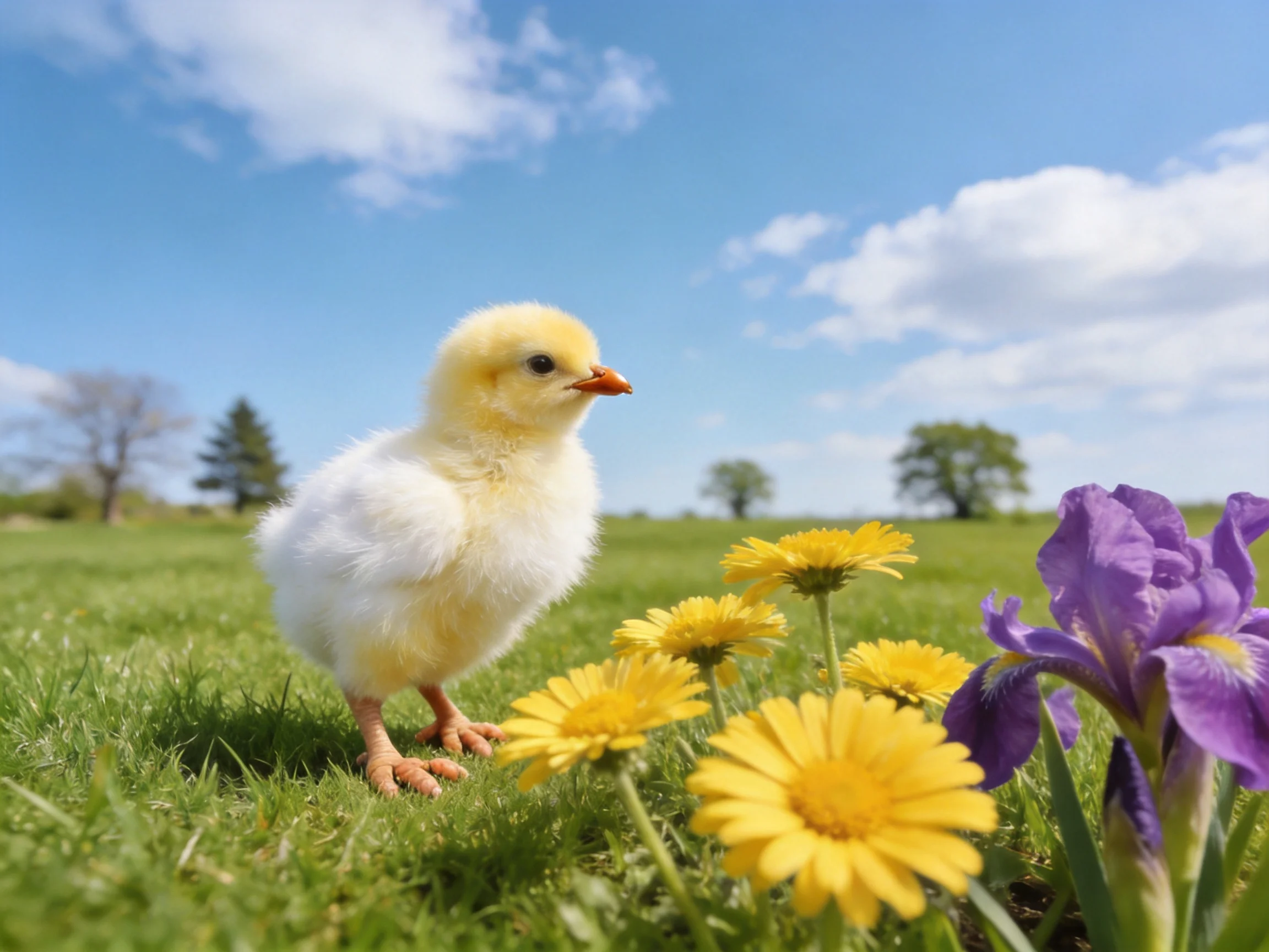 A fluffy yellow chick near yellow daisies and purple iris on green grass