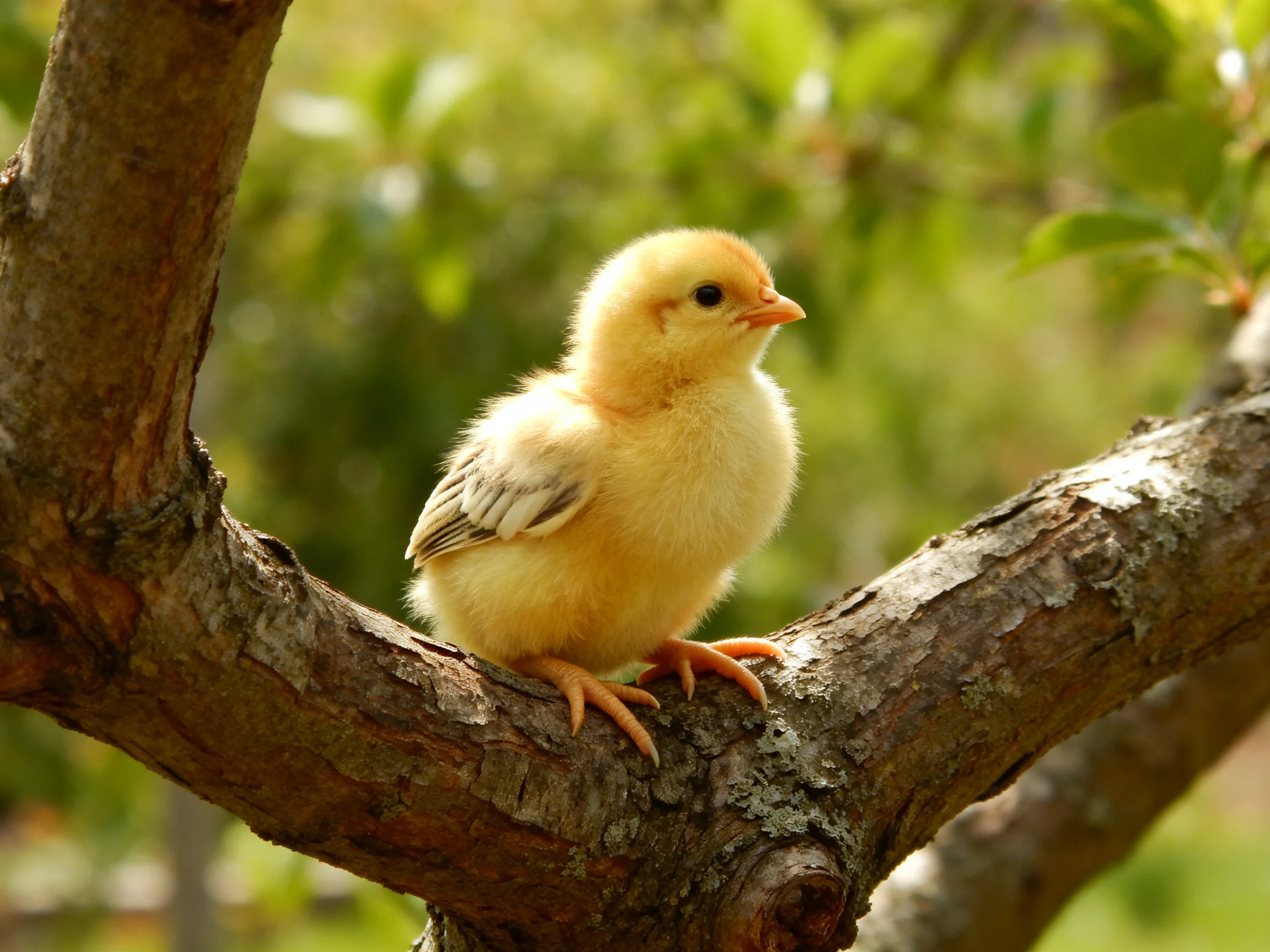 A fluffy yellow chick perched on a textured brown tree branch