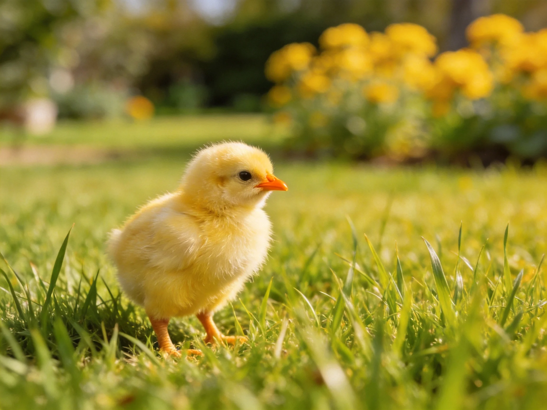 A fluffy yellow chick standing on lush green grass near yellow blooms