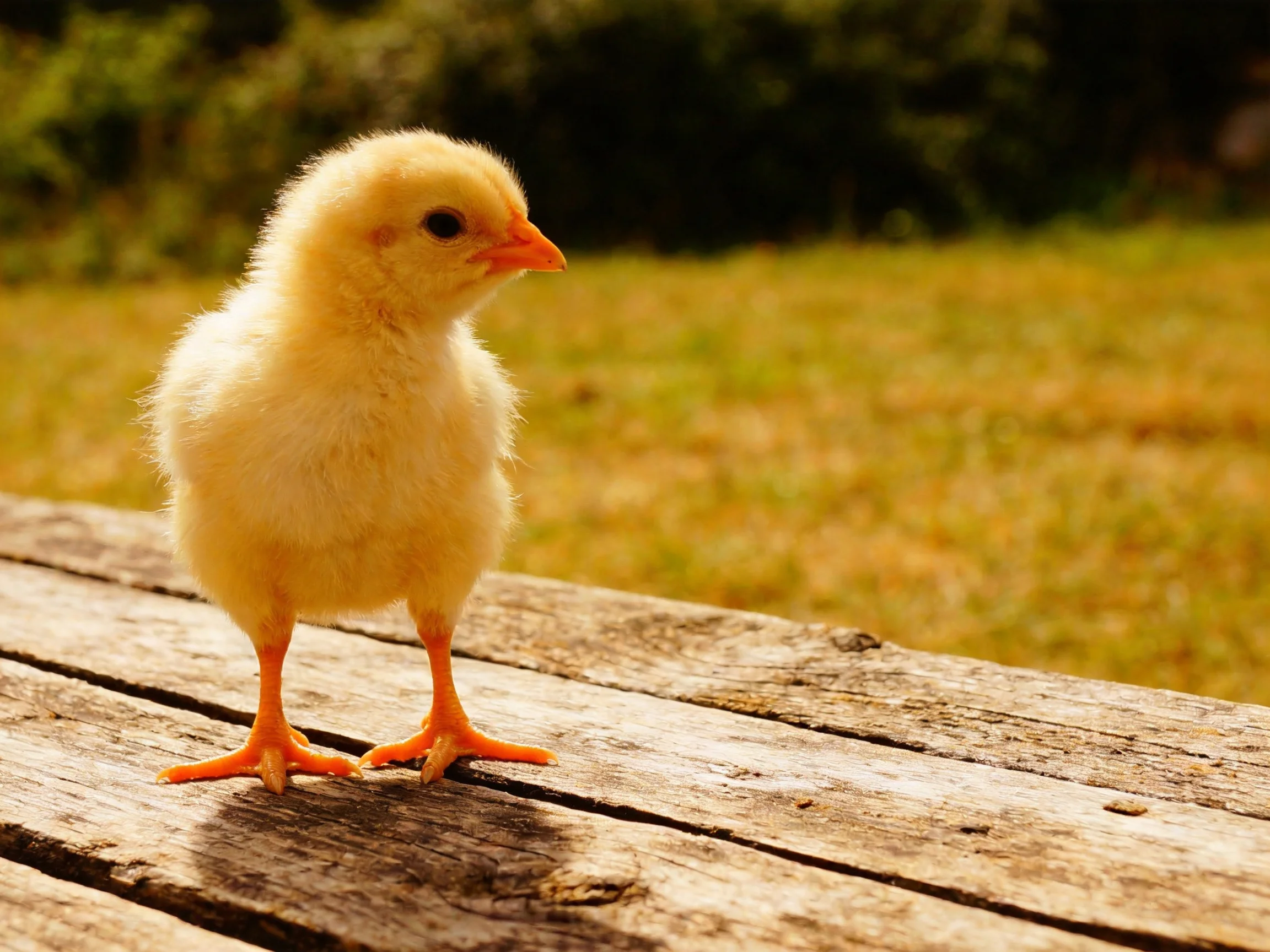 A fluffy yellow chick stands on weathered wood near greenery