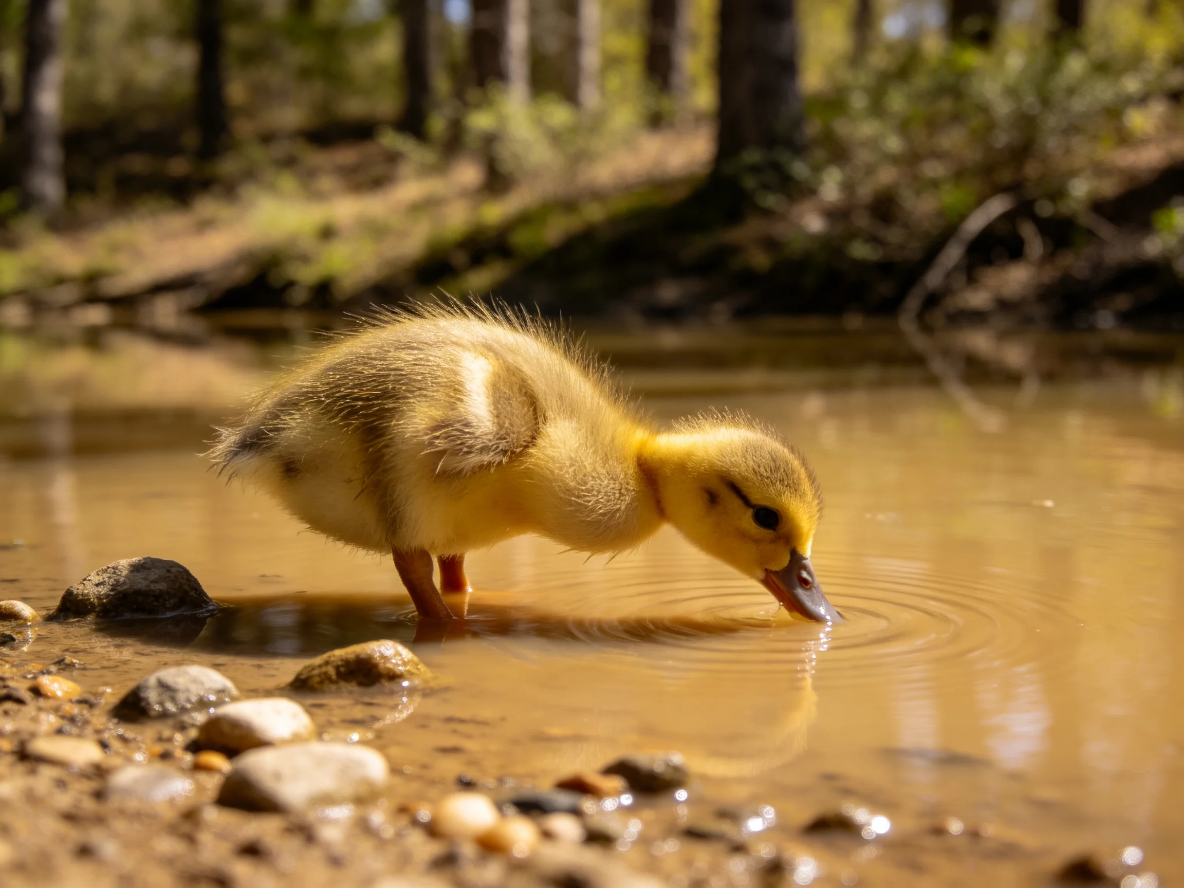 A fluffy yellow duckling drinking from a shallow stream