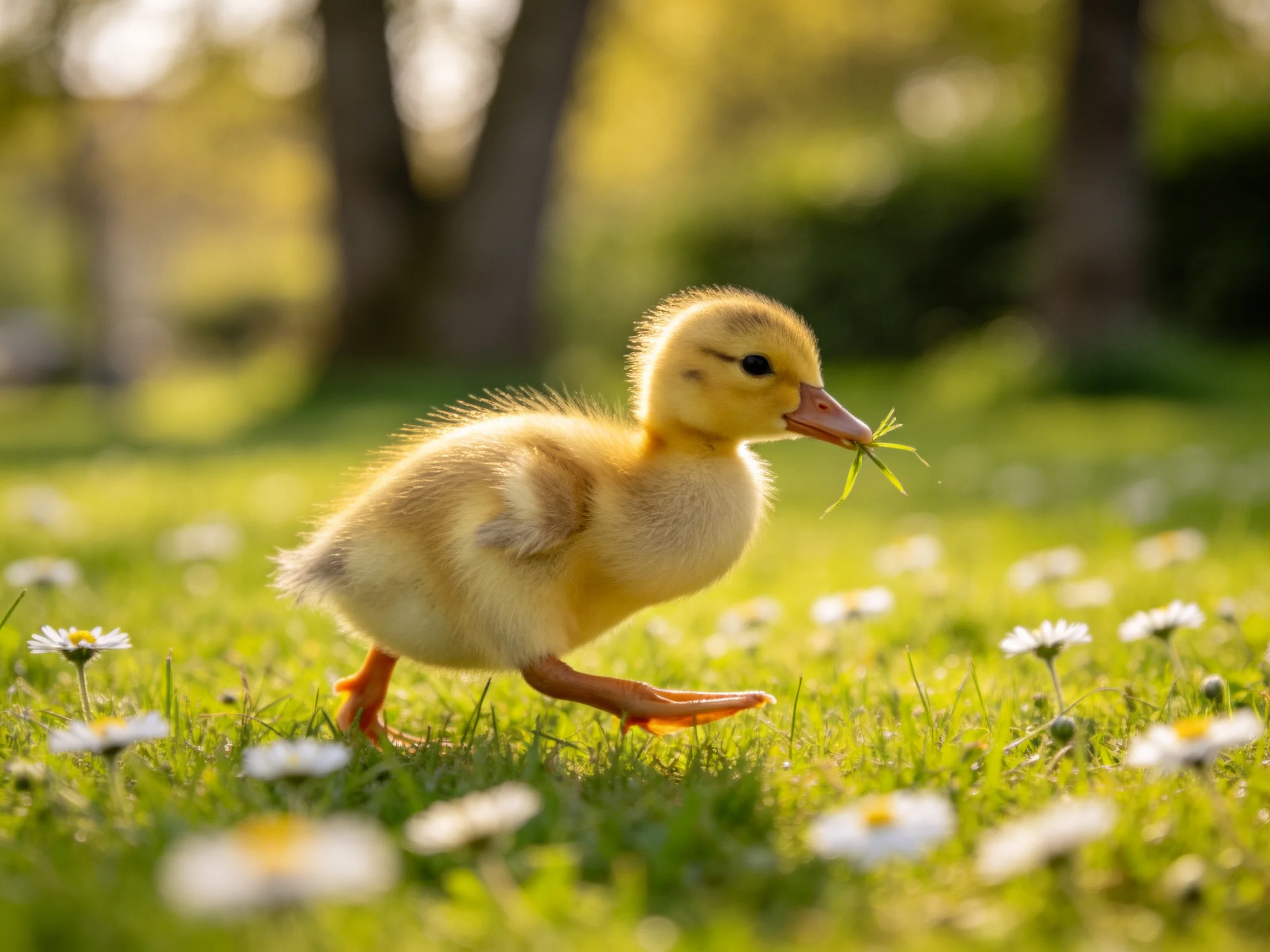 A fluffy yellow duckling explores a green meadow with white flowers