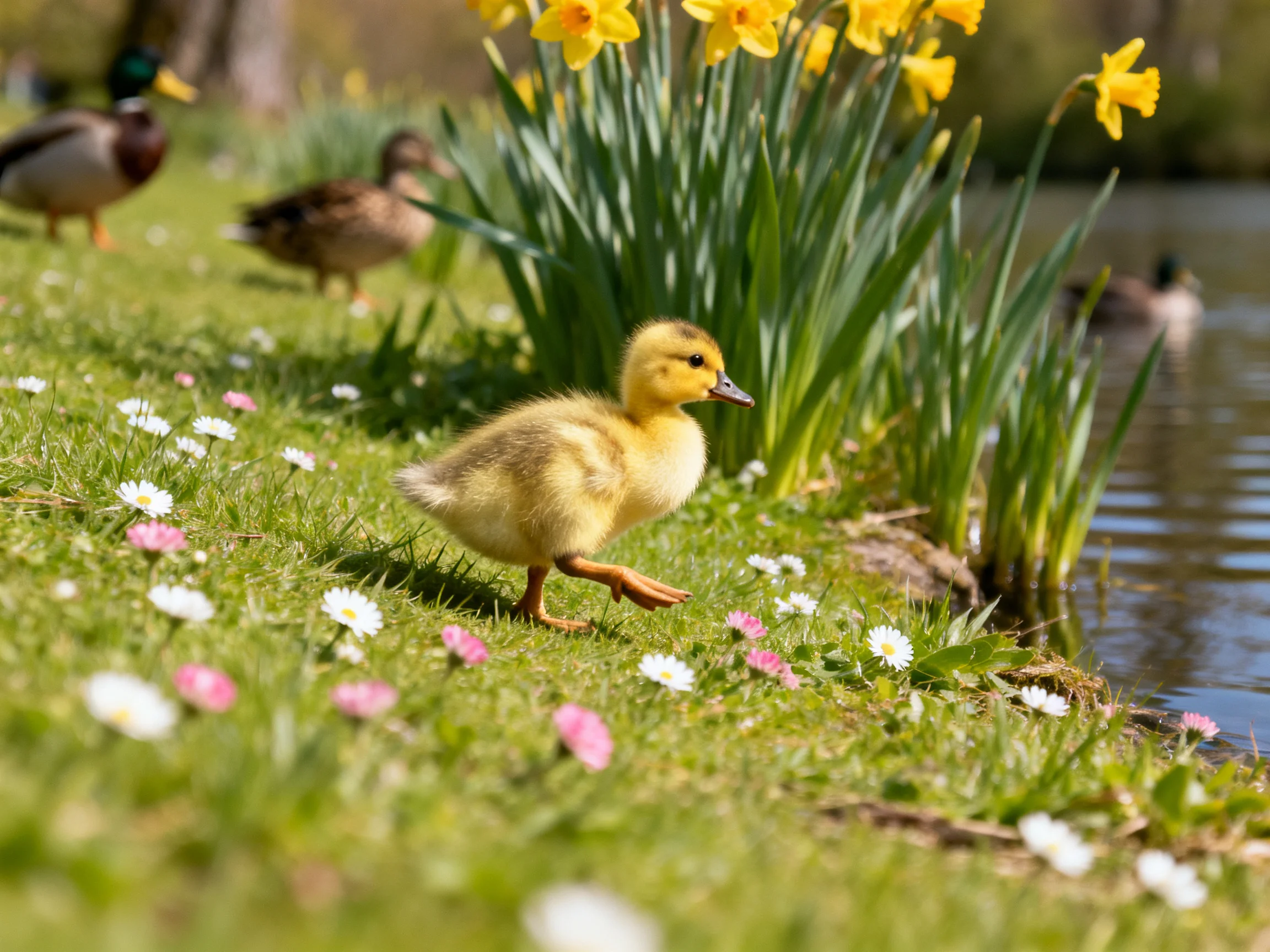 A fluffy yellow duckling near daffodils by a tranquil pond with adult ducks