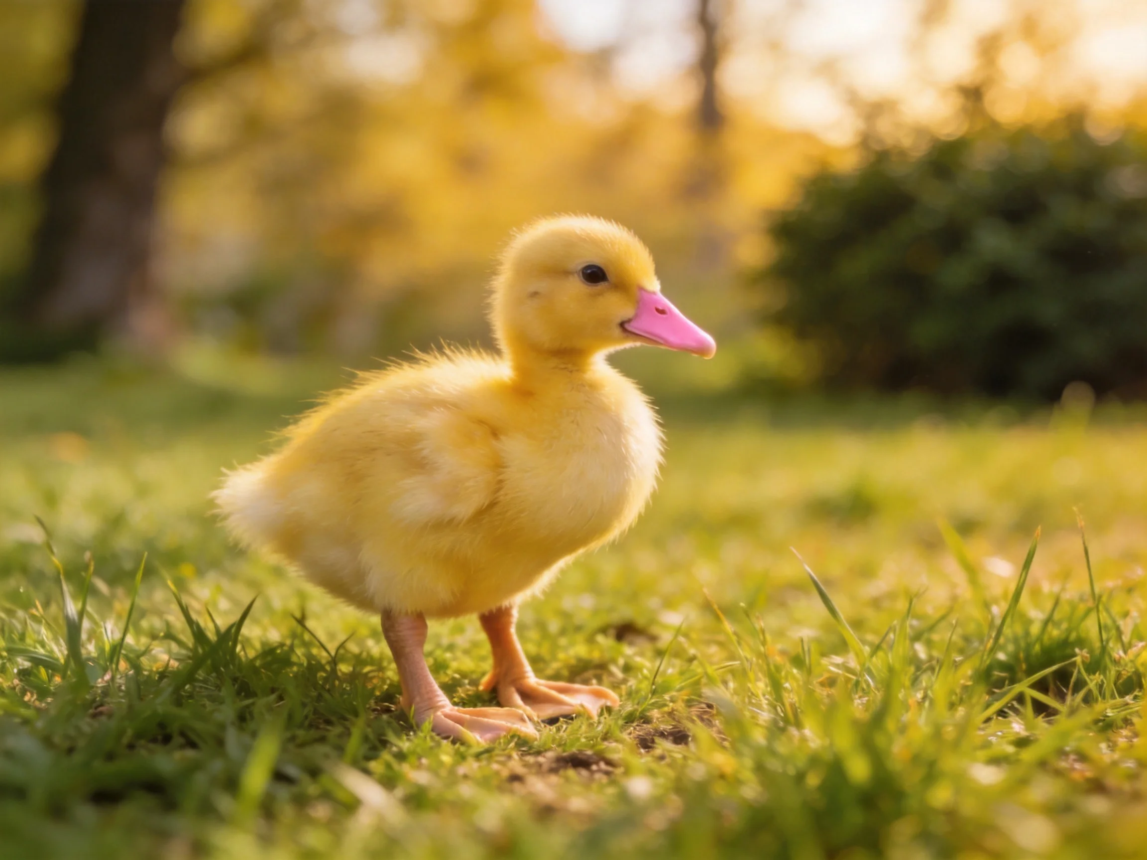 A fluffy yellow duckling stands on lush green grass