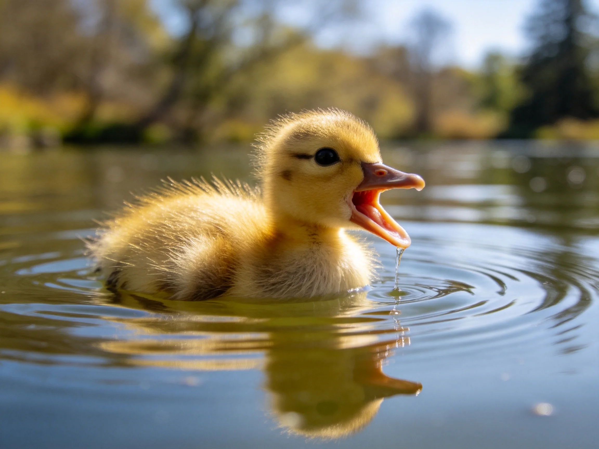 A fluffy yellow duckling swims in calm water