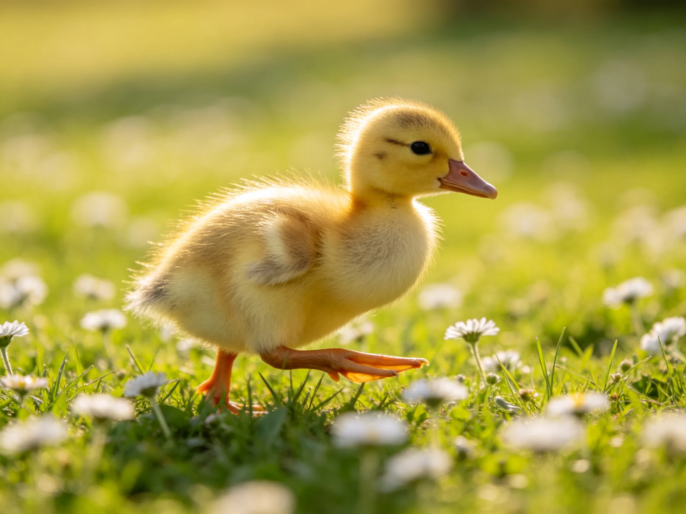 A fluffy yellow duckling walking through green grass with white flowers