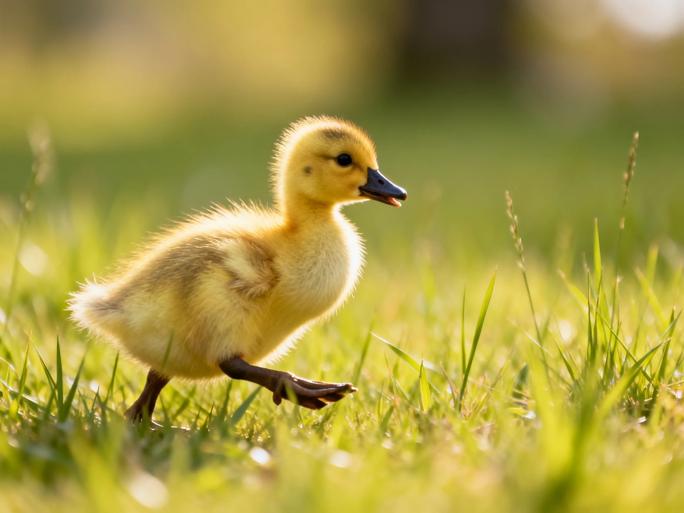 A fluffy yellow duckling walking through lush green grass