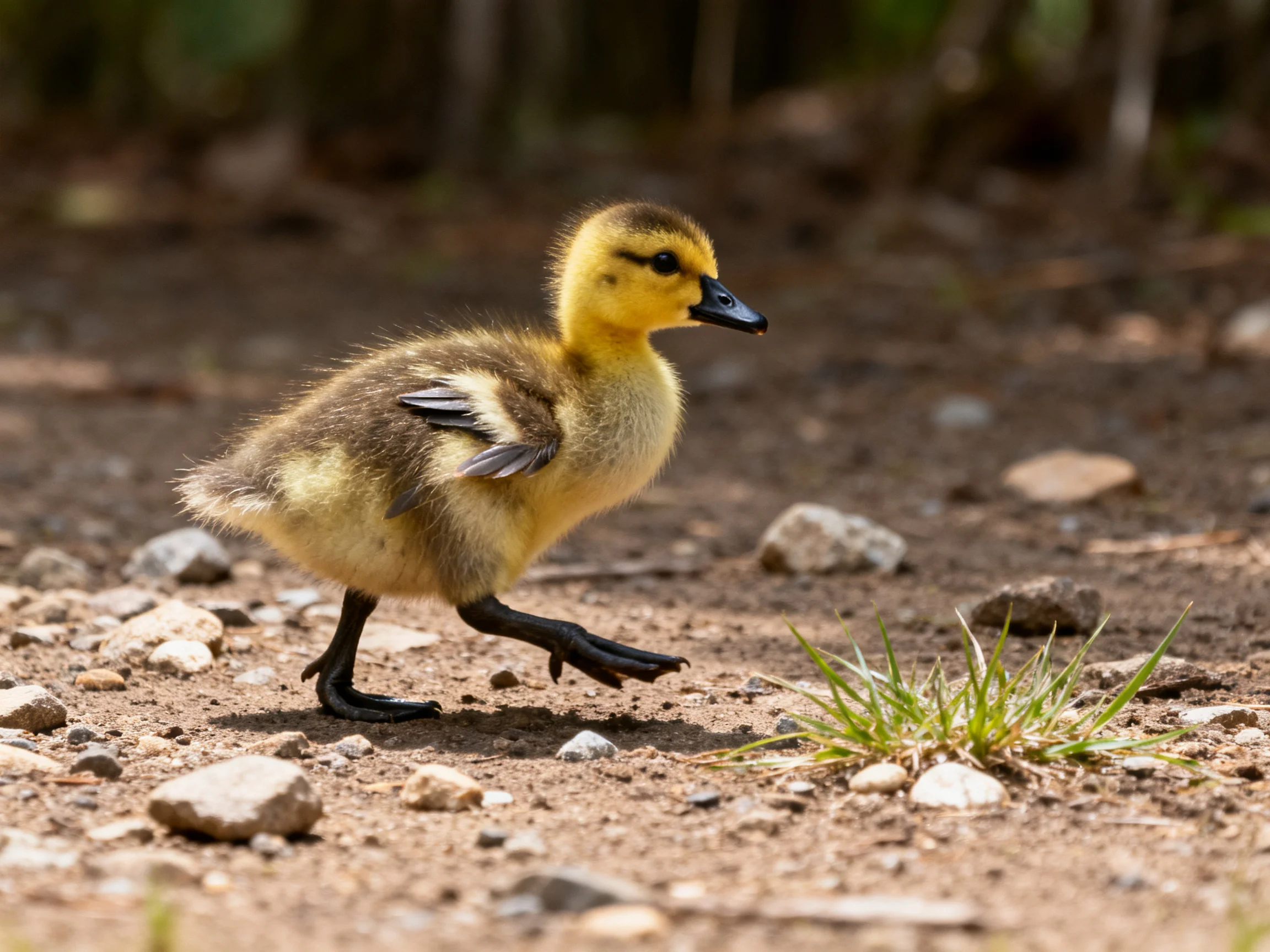 A fluffy yellow duckling walks on rocky dirt path near small plants