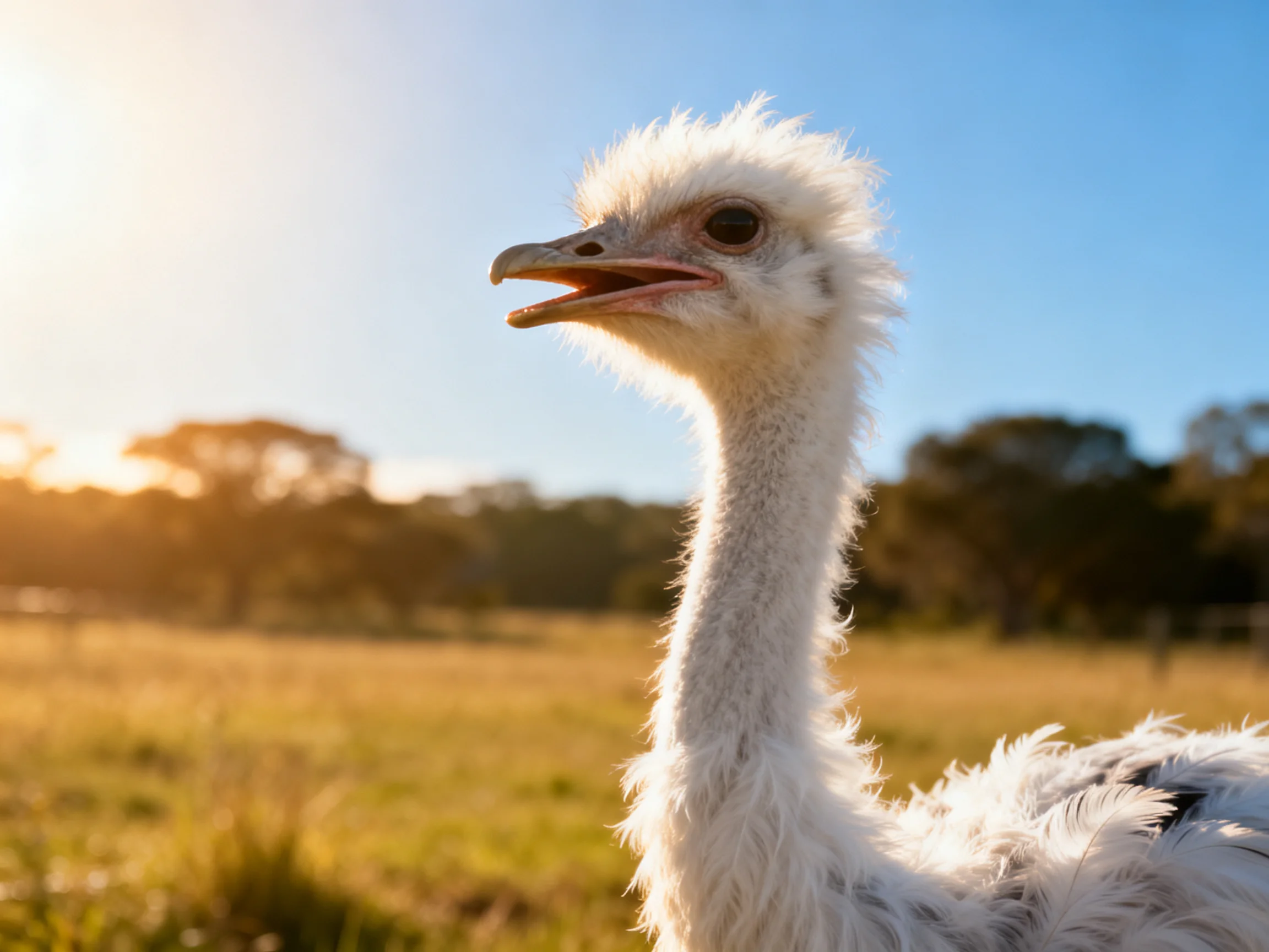 A fluffy young ostrich chick in a sunlit open field