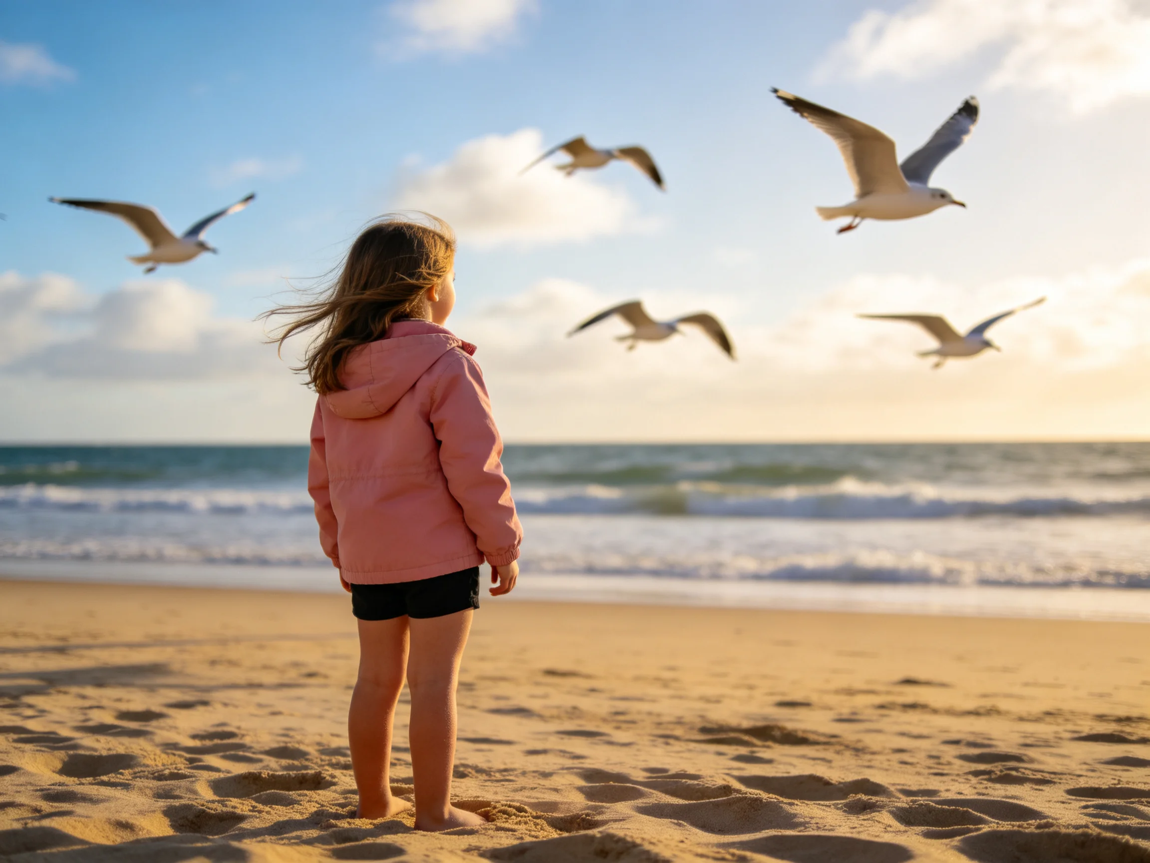 A girl in a pink hoodie watches seagulls over a sandy beach by the ocean