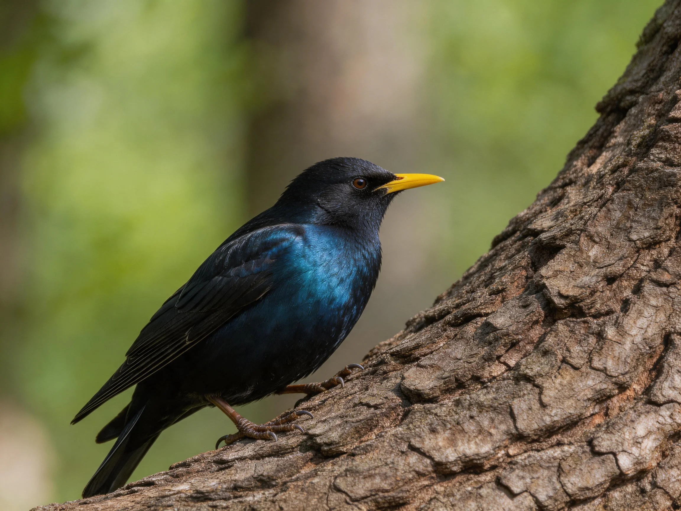 A glossy black and blue bird with a bright yellow beak perches on a textured tree trunk.