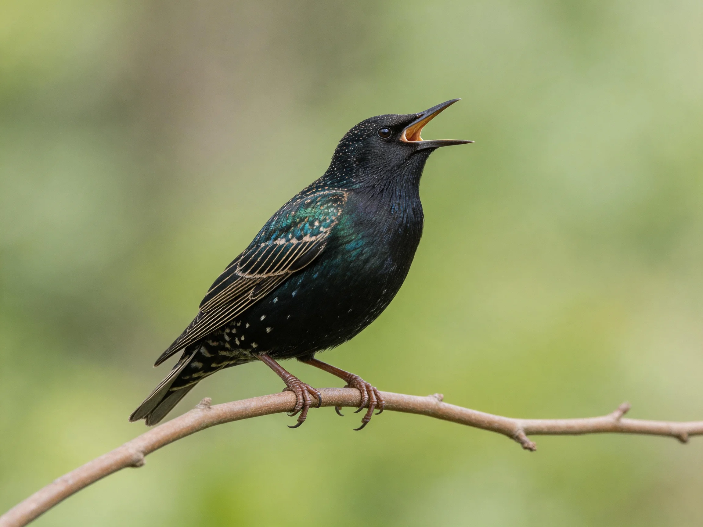 A glossy black and emerald starling perches on a thin branch