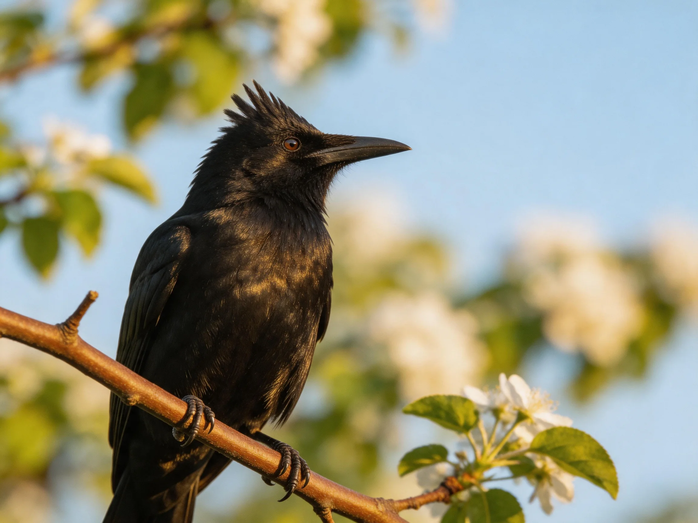 A glossy black bird perched on a flowering branch