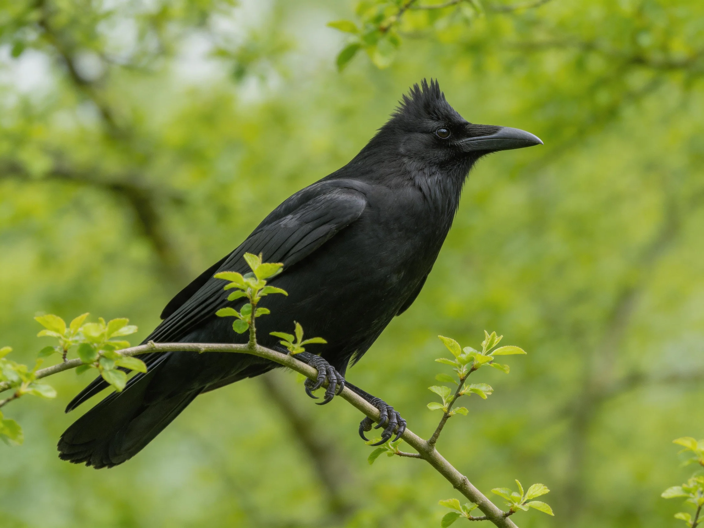 A glossy black bird perched on a leafy branch