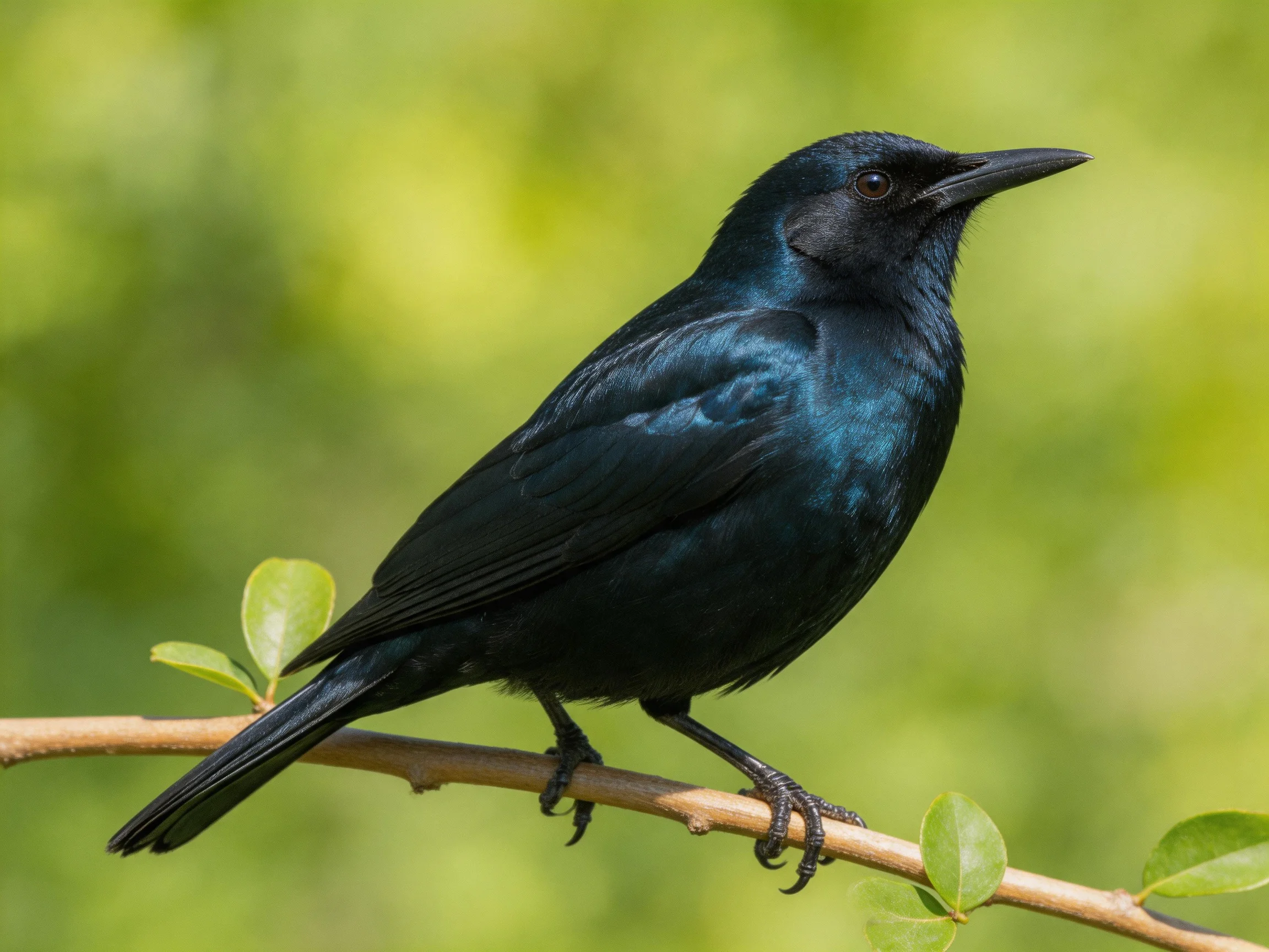 A glossy black bird perches on a slender tree branch