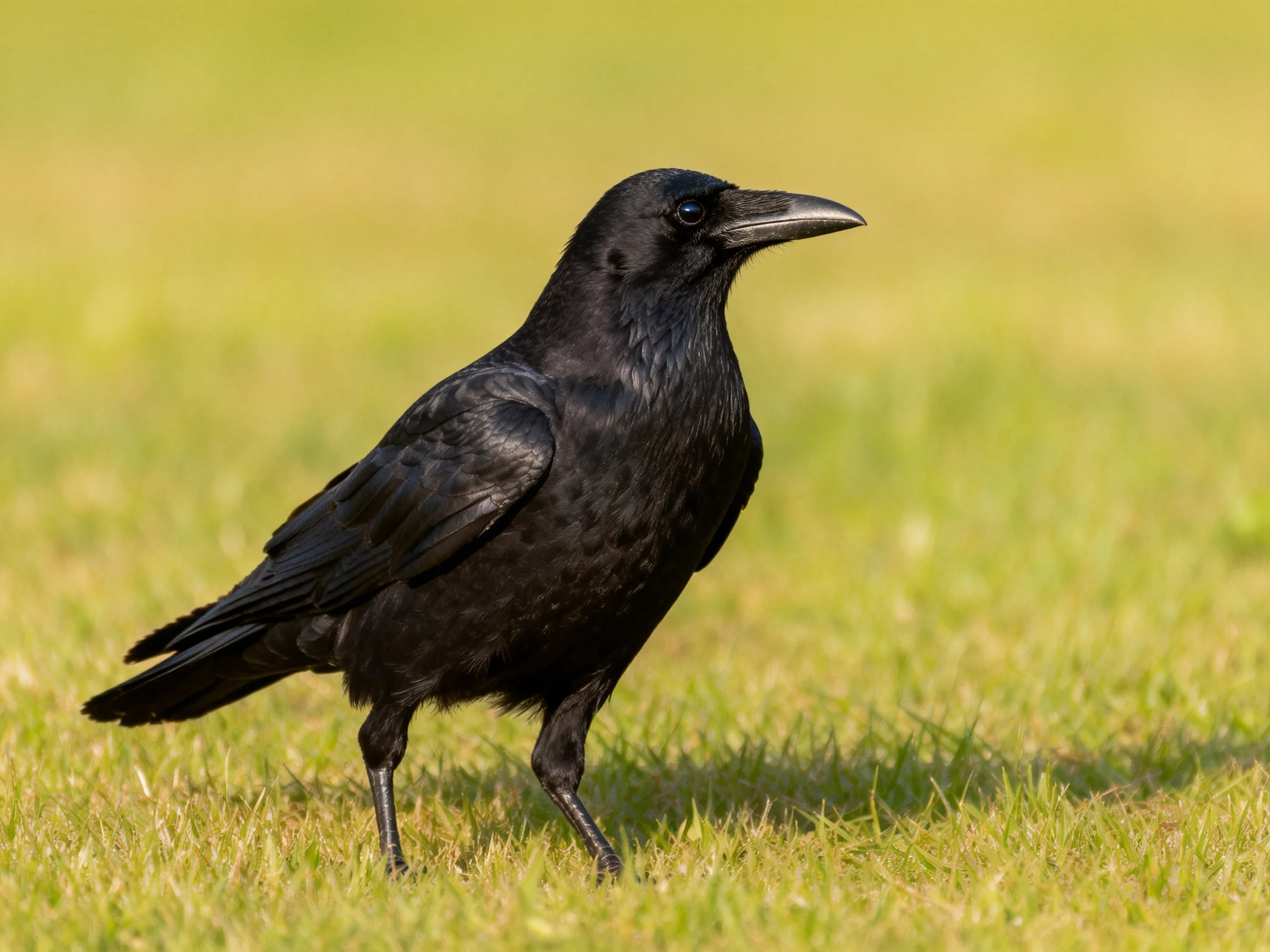 A glossy black bird stands on vibrant green grass