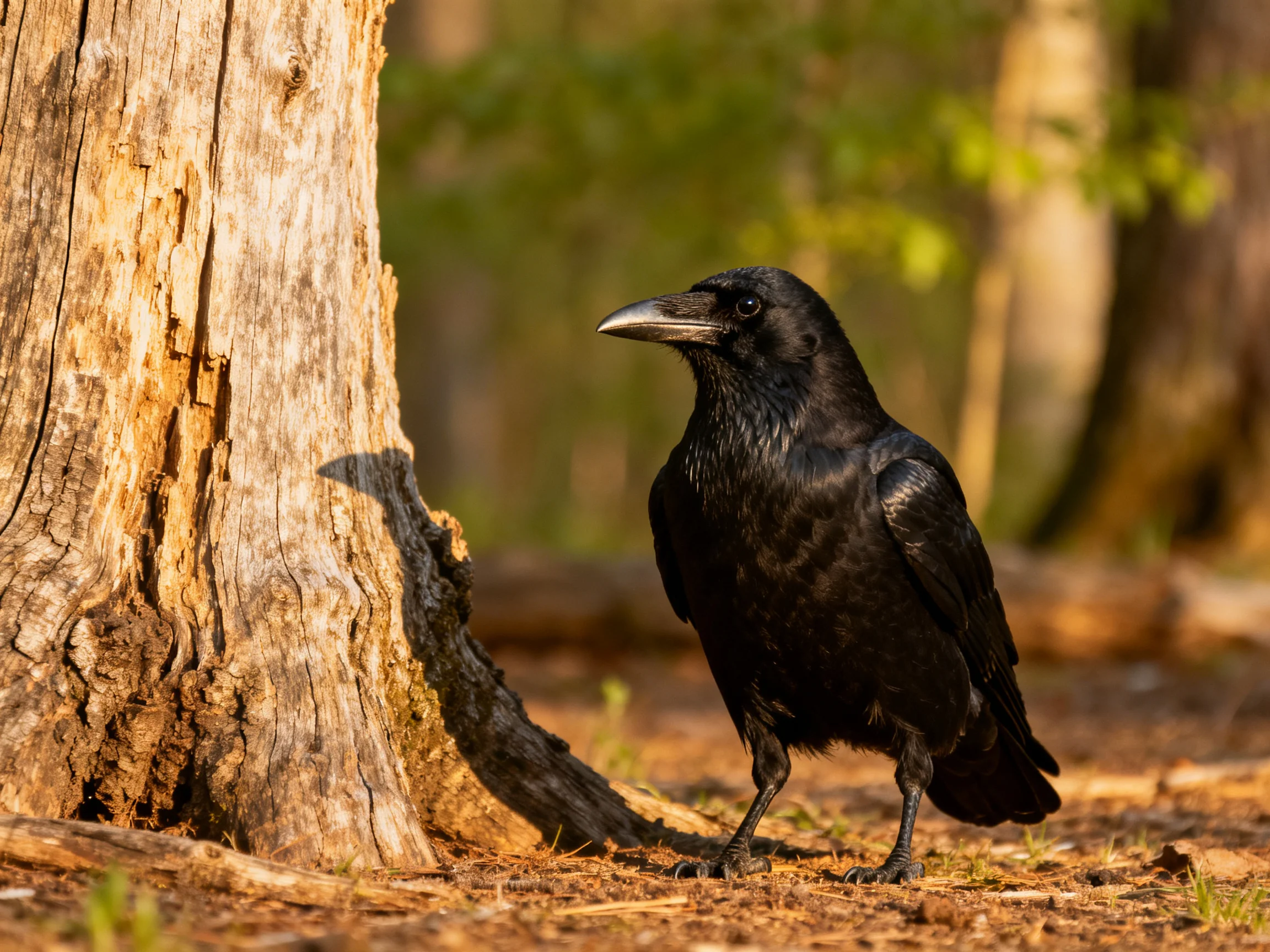 A glossy black crow near a large aged tree stump in a sunlit forest