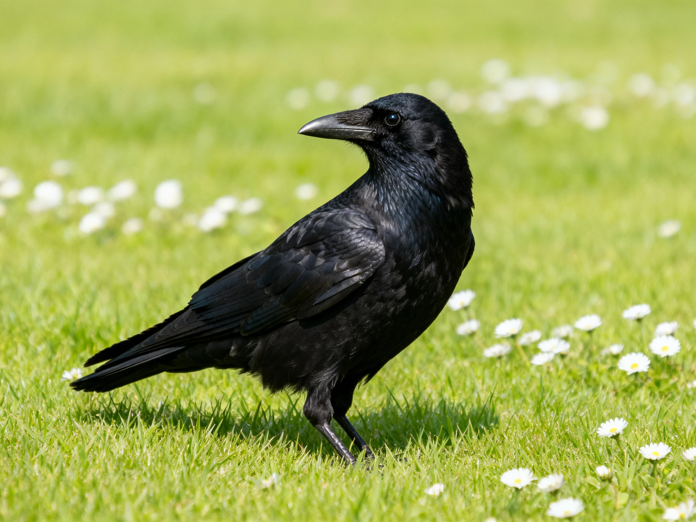 A glossy black crow on lush green grass with small white flowers