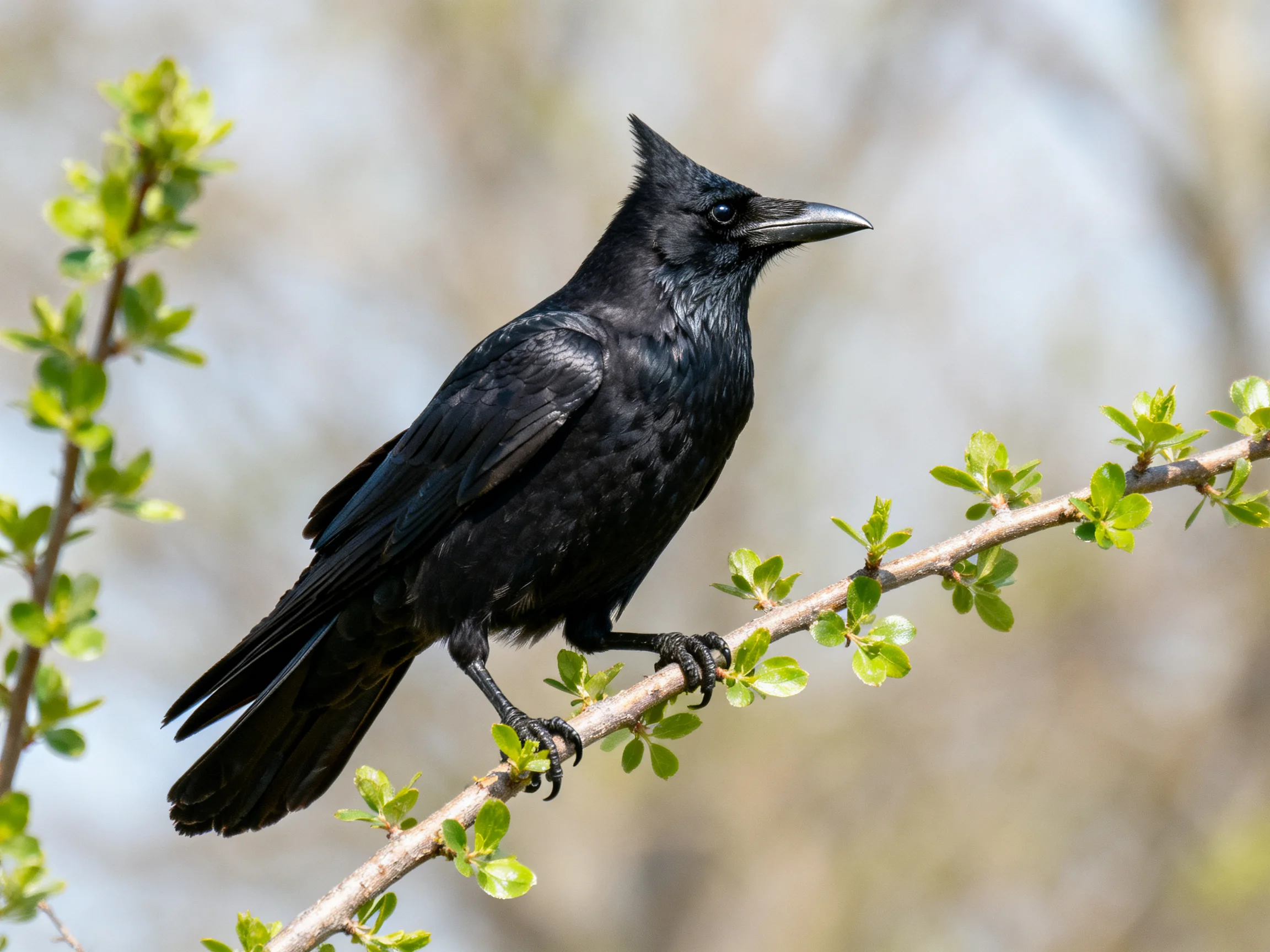 A glossy black crow perched on a budding tree branch