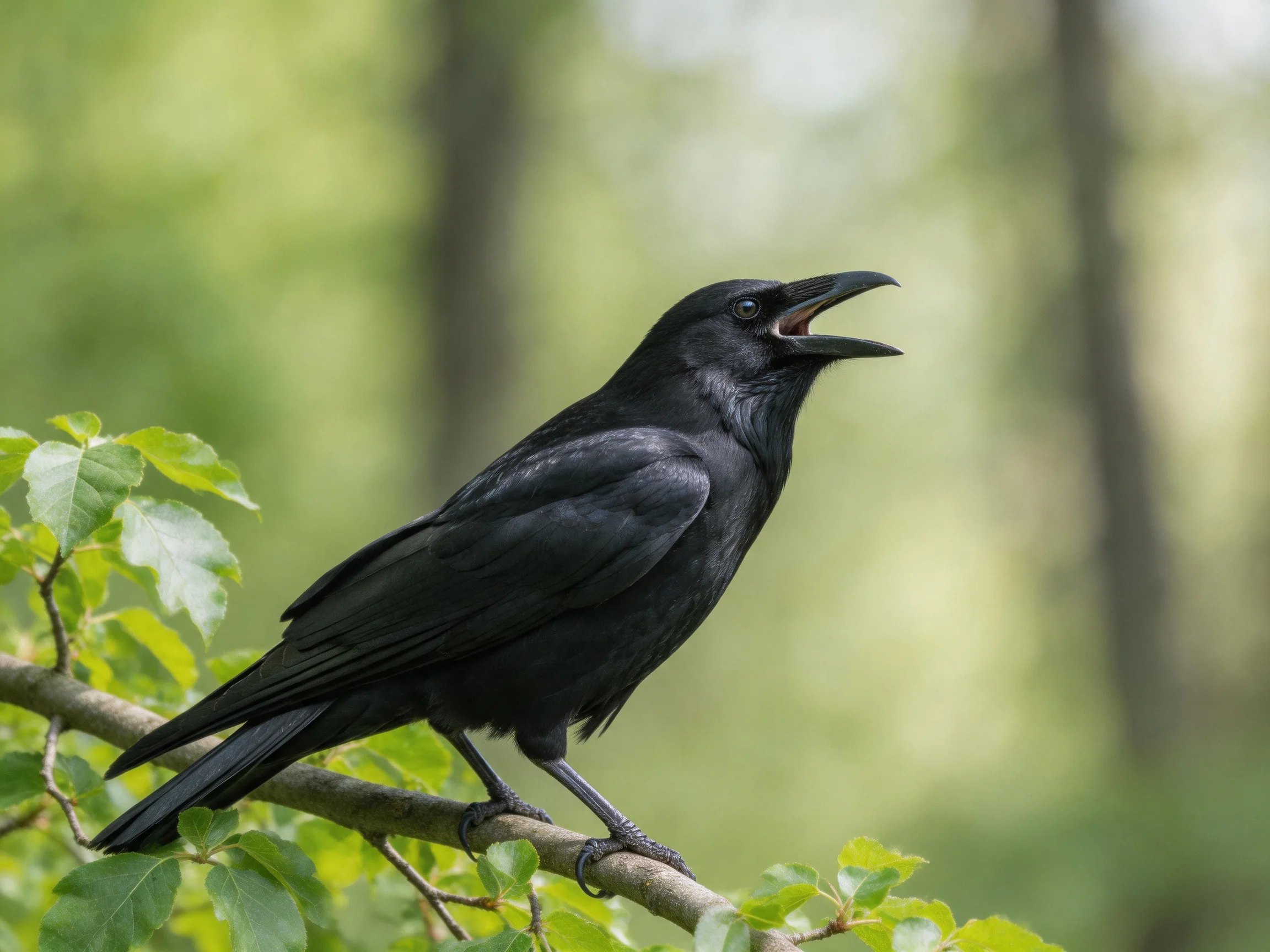 A glossy black crow perched on a leafy branch
