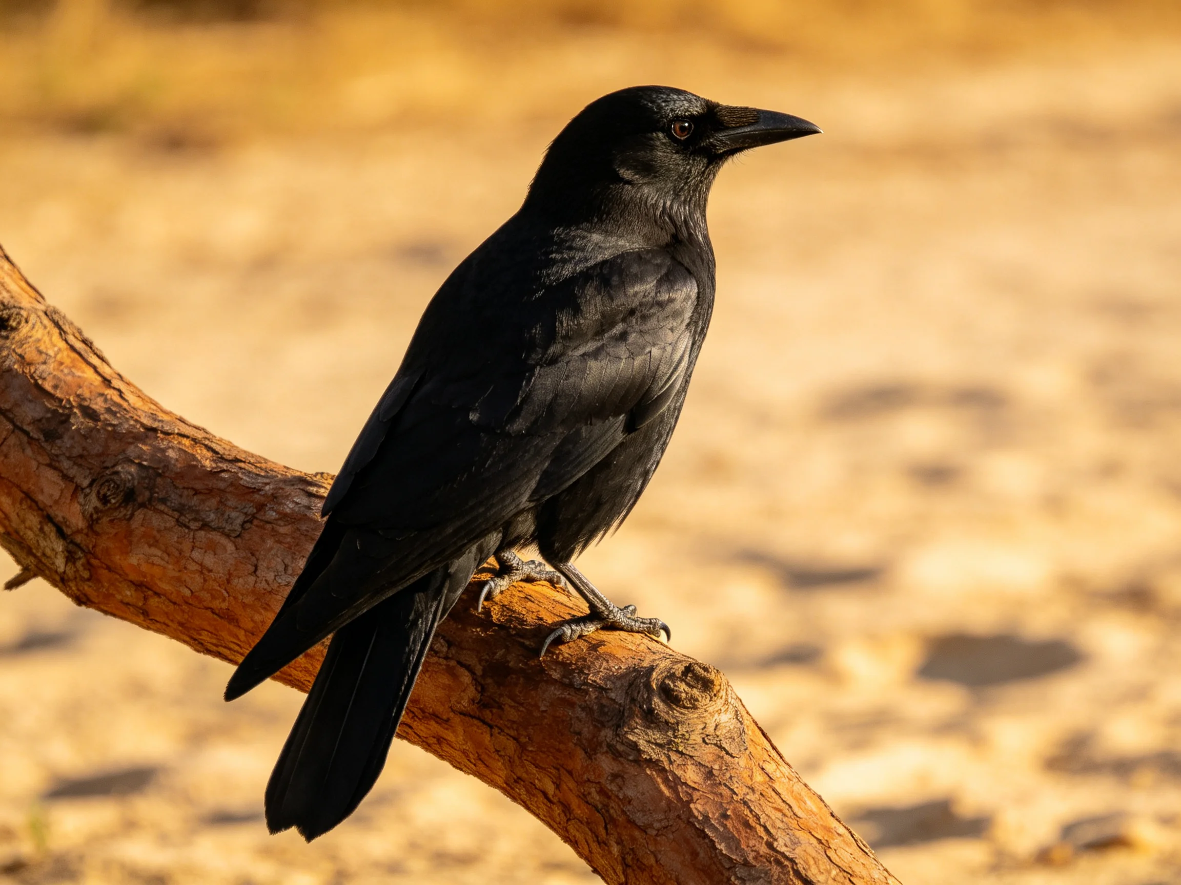 A glossy black crow perched on a textured brown branch