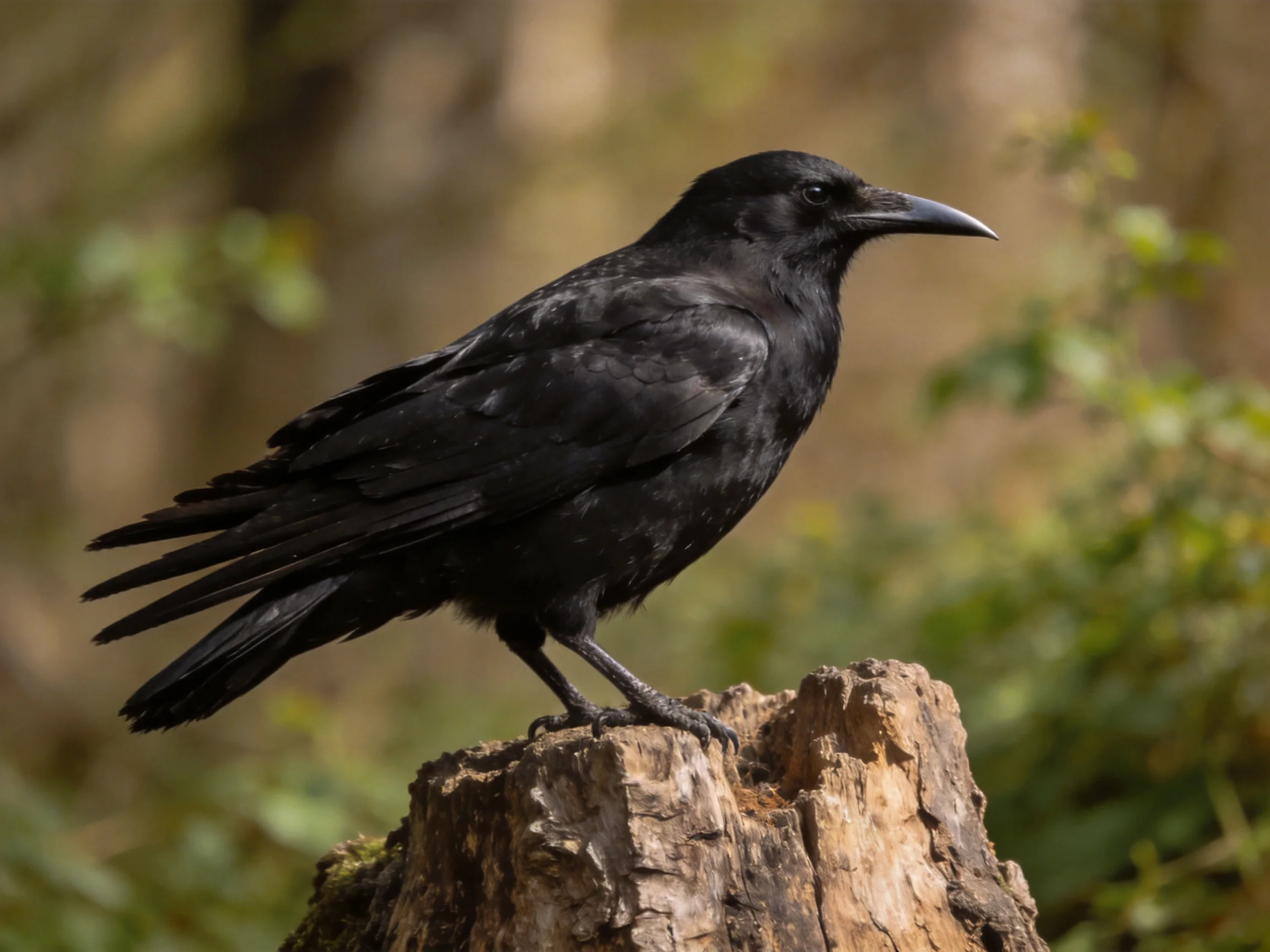A glossy black crow perched on a weathered tree stump