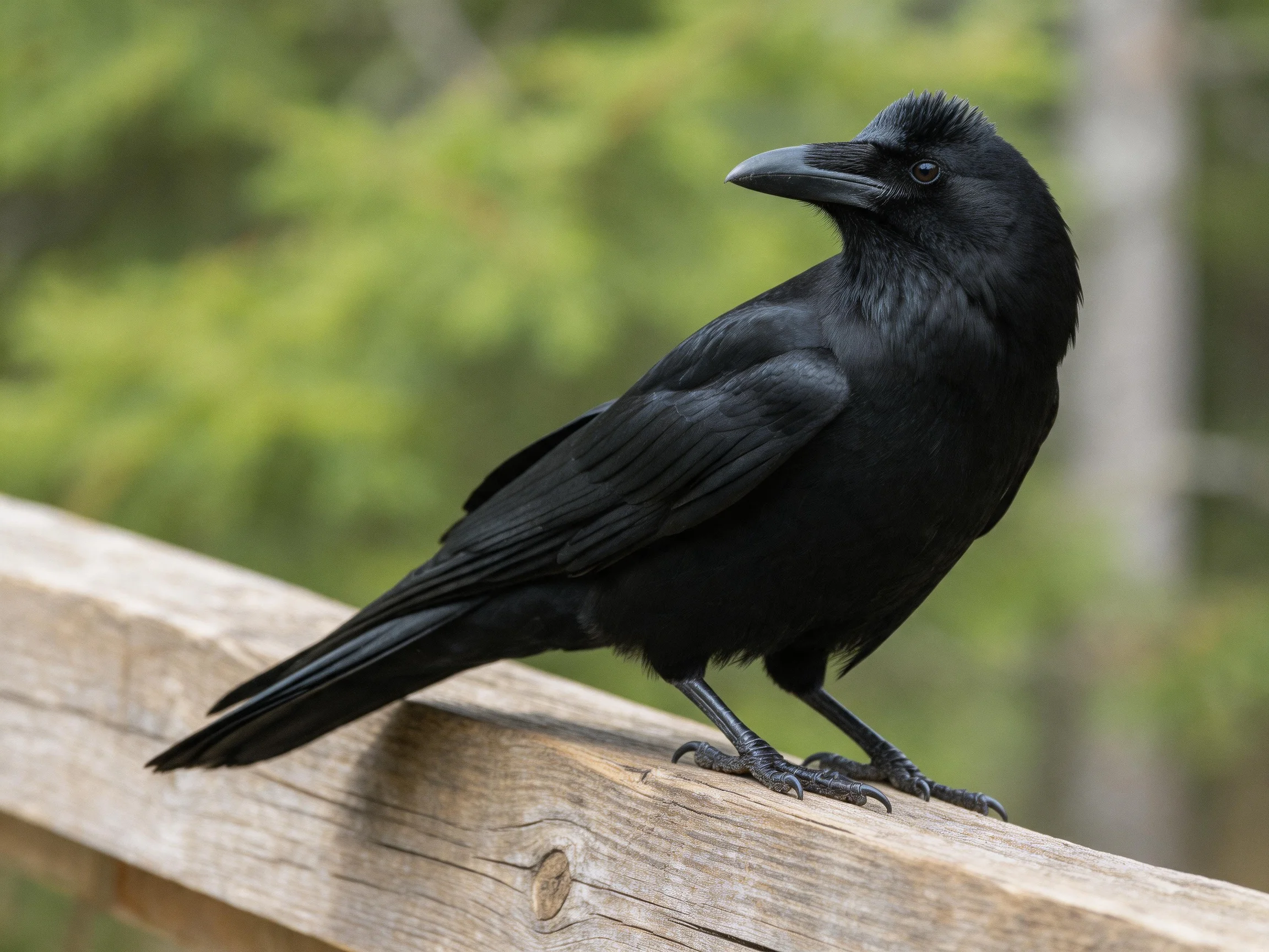 A glossy black crow perched on a weathered wooden railing