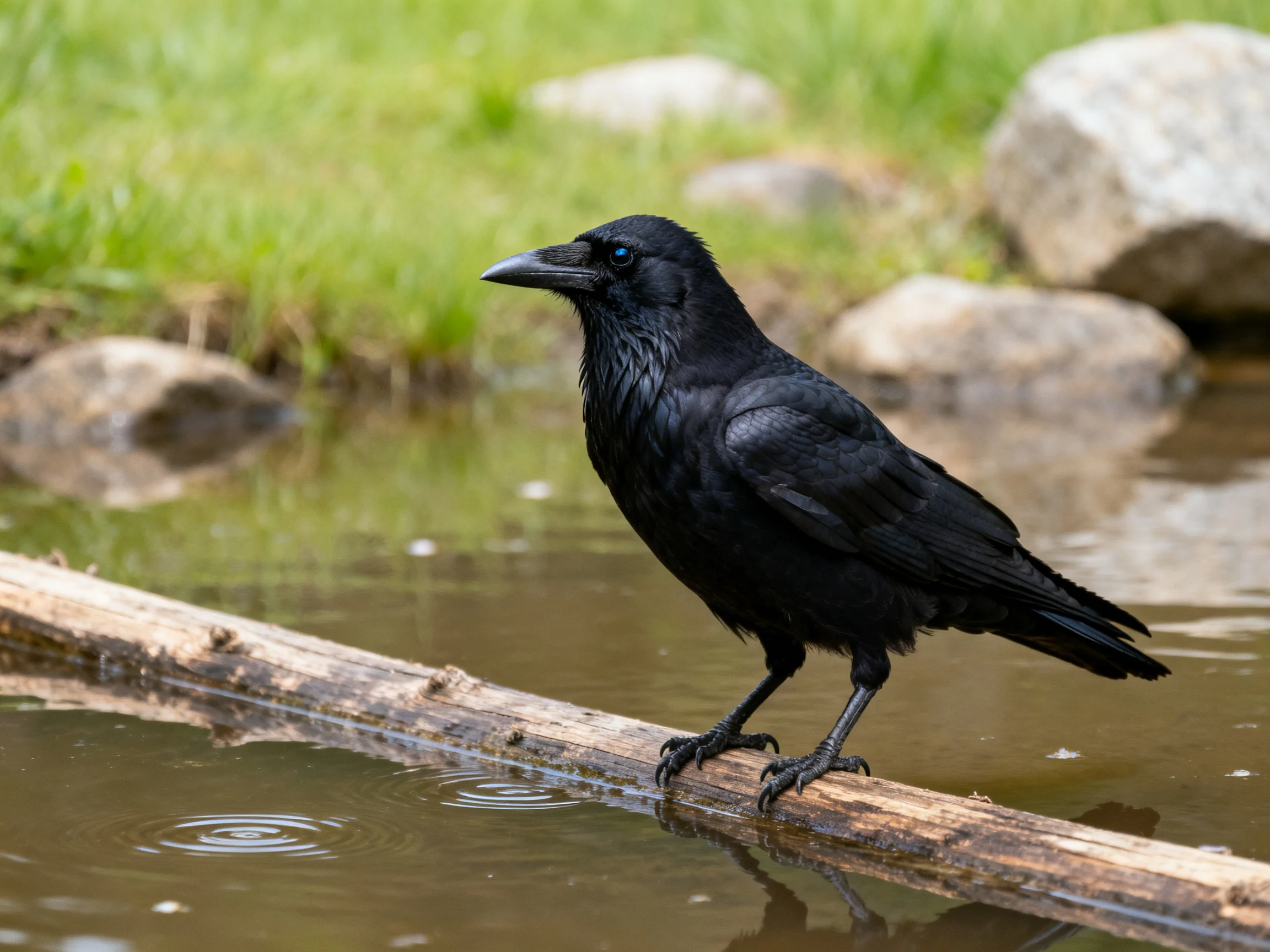 A glossy black crow perched on a wet wooden log near calm water