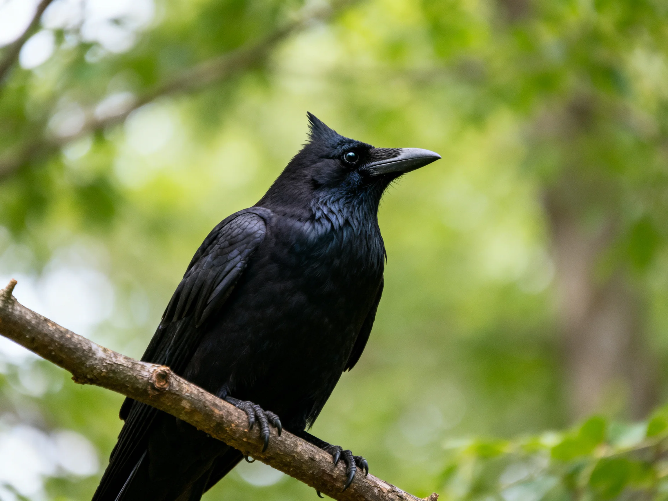 A glossy black crow perches on a brown tree branch