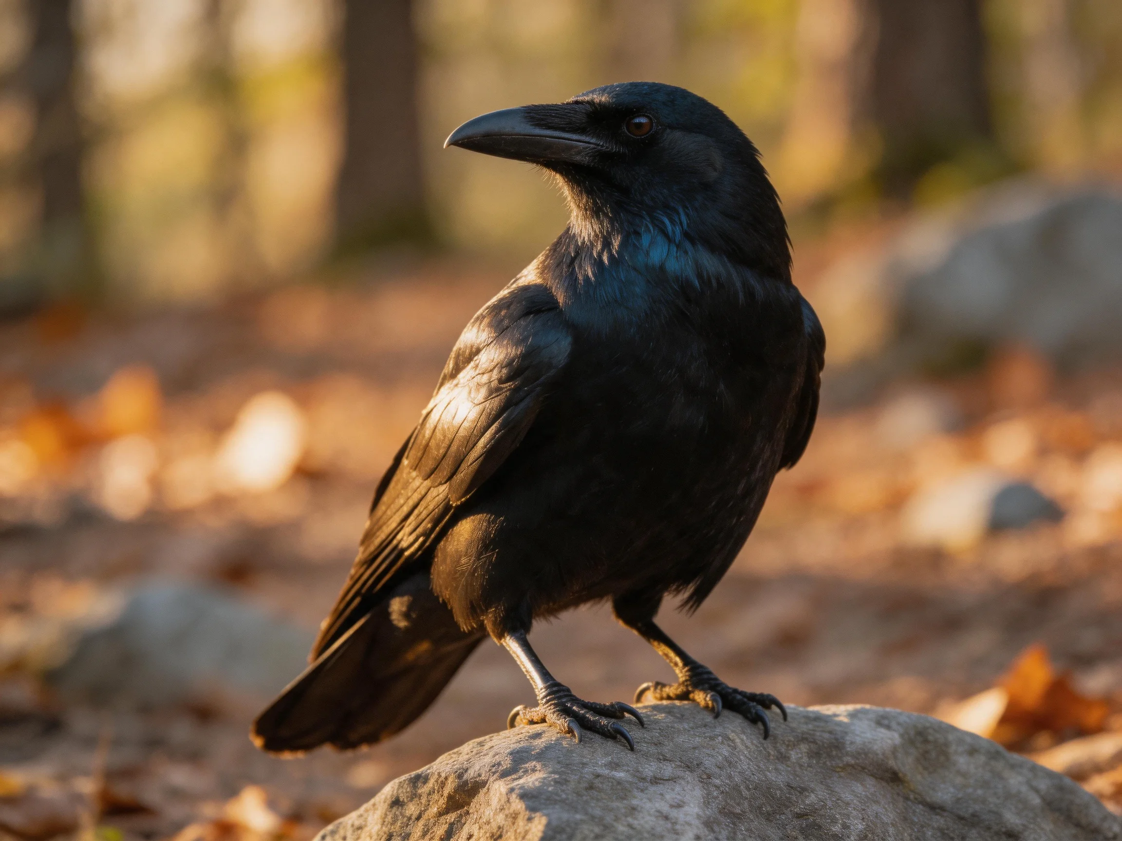 A glossy black crow perches on a large rock in a sunlit forest