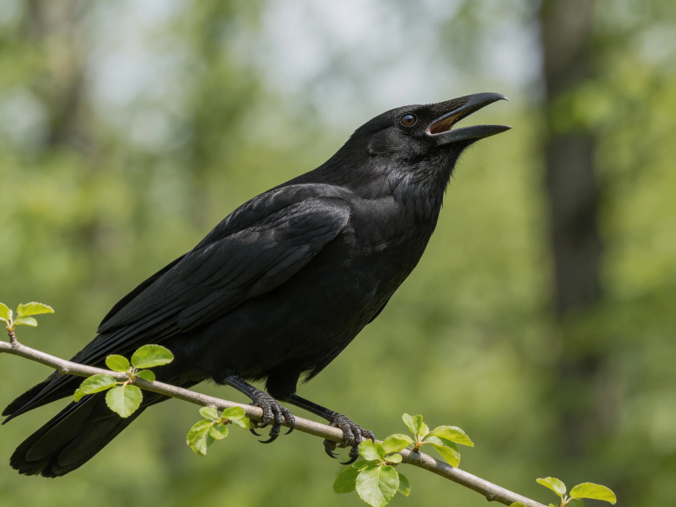 A glossy black crow perches on a leafy branch in a forest