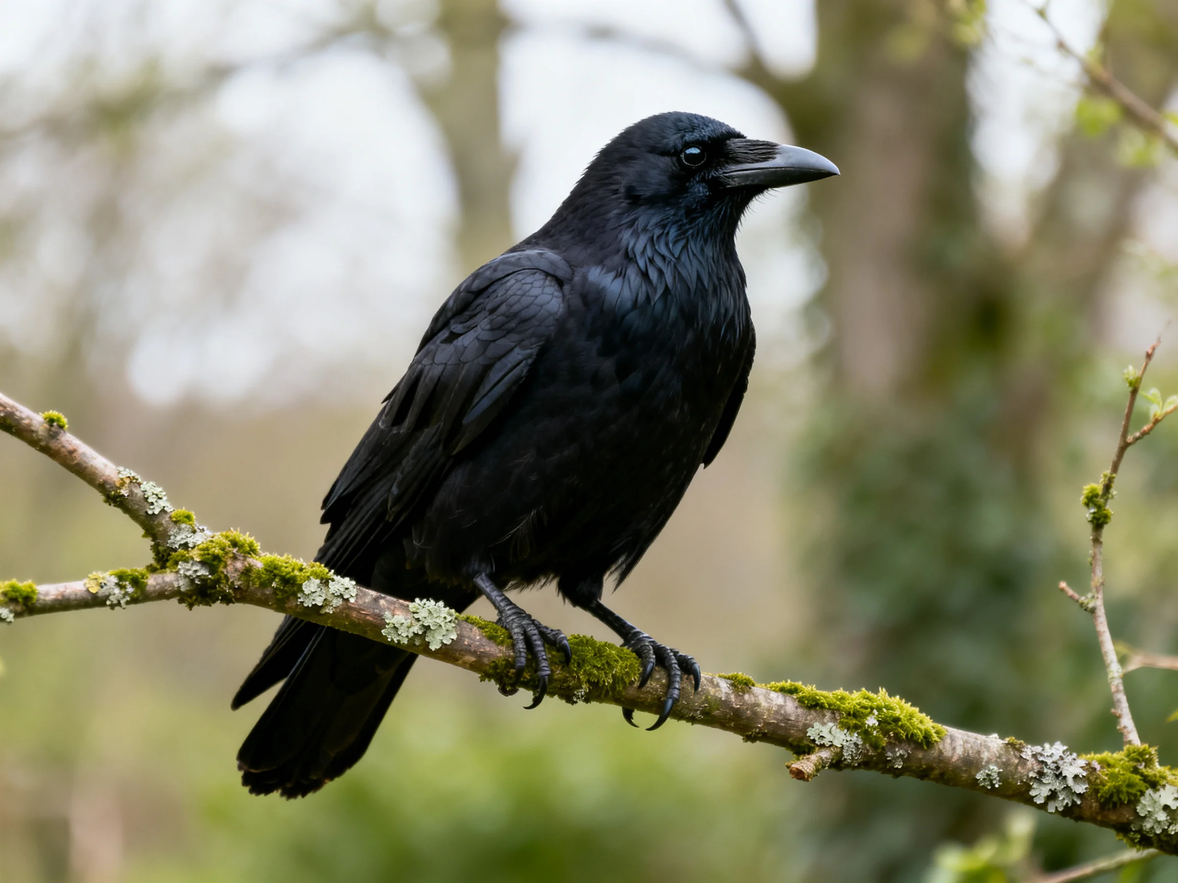 A glossy black crow perches on a mossy, lichen-covered branch