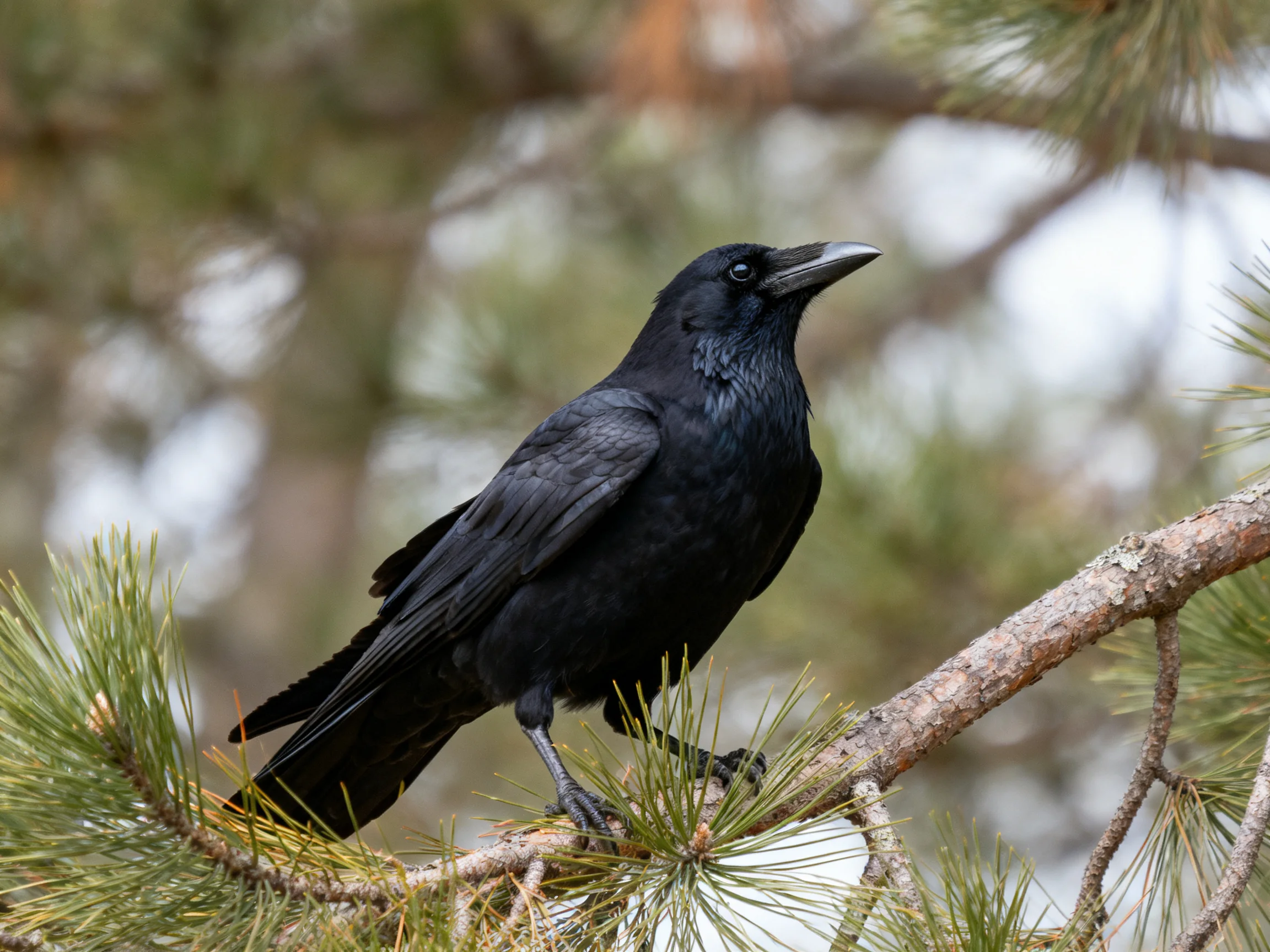 A glossy black crow perches on a pine tree branch