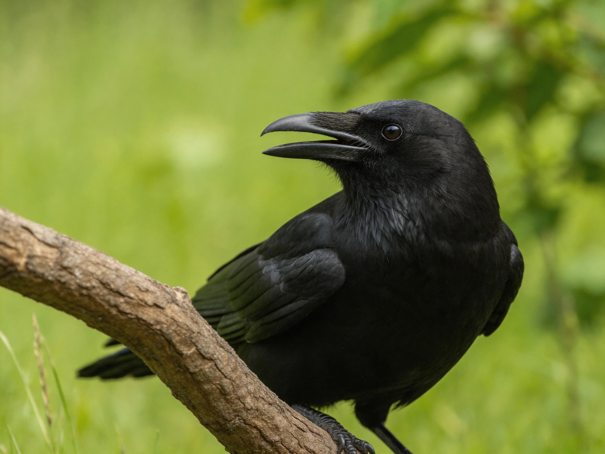 A glossy black crow perches on a textured brown tree branch