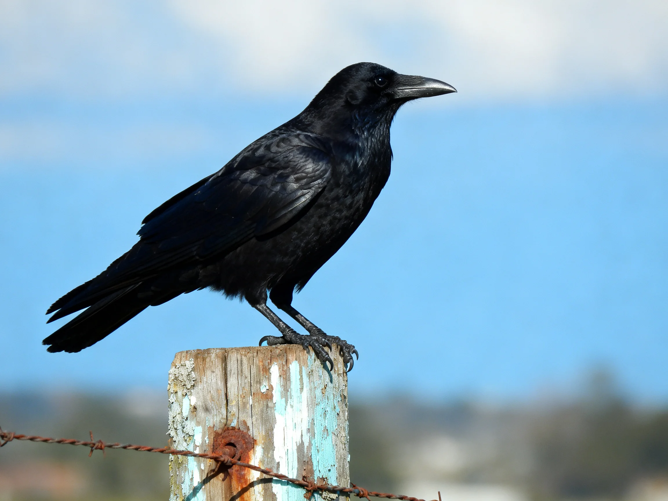 A glossy black crow perches on a weathered wooden post