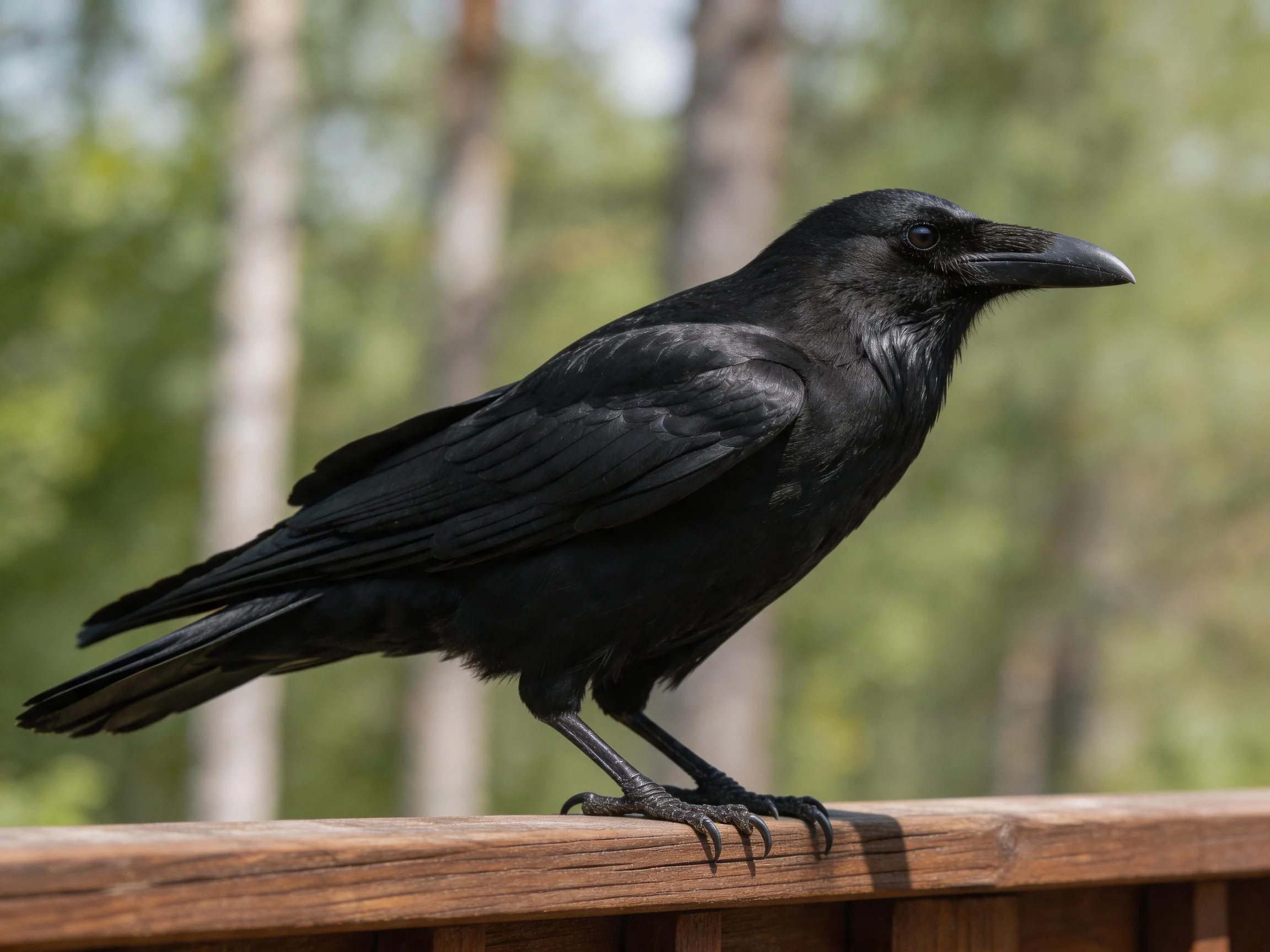 A glossy black crow perches on a wooden railing amid trees