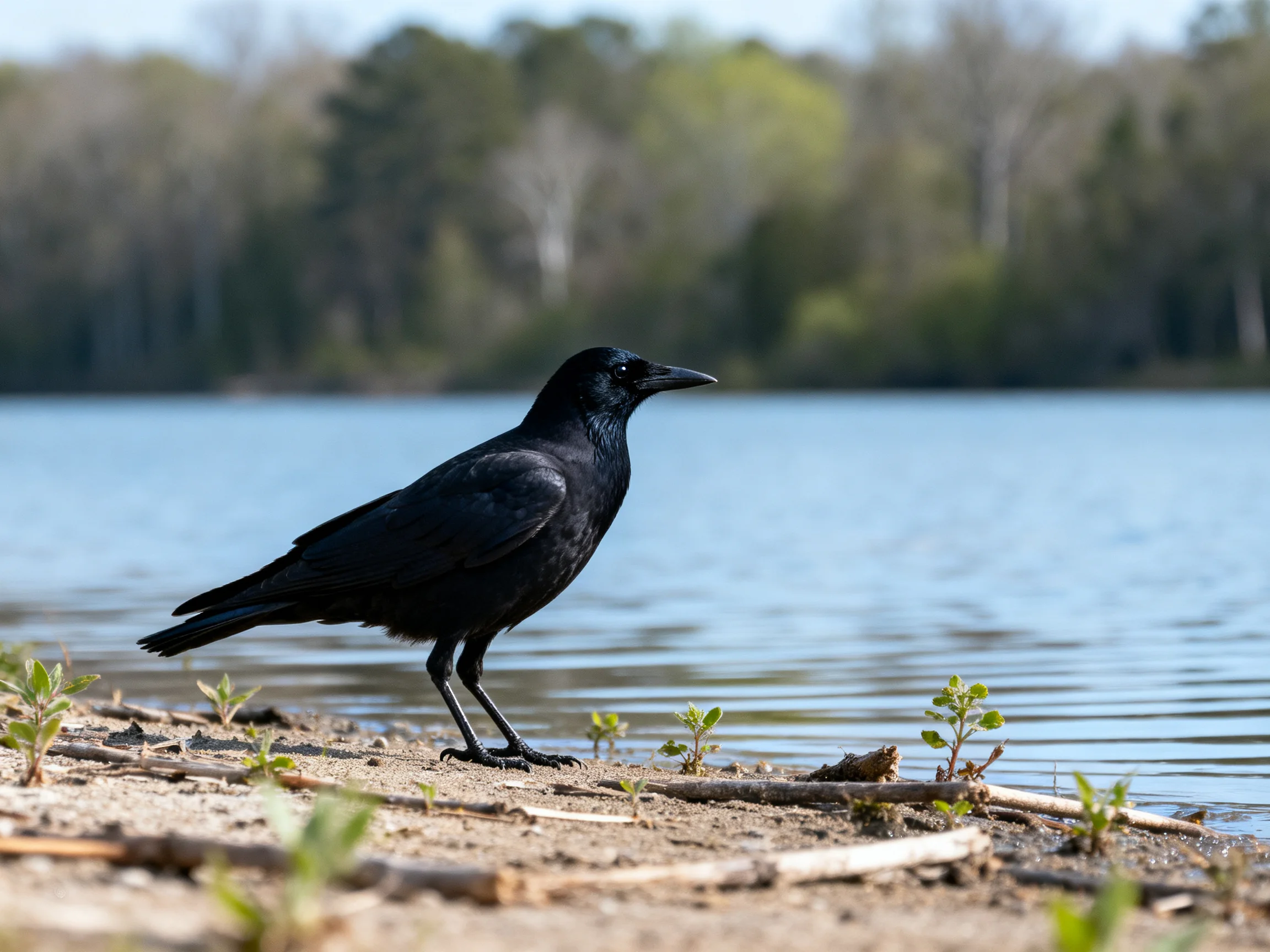 A glossy black crow perches on sandy shore by calm blue water