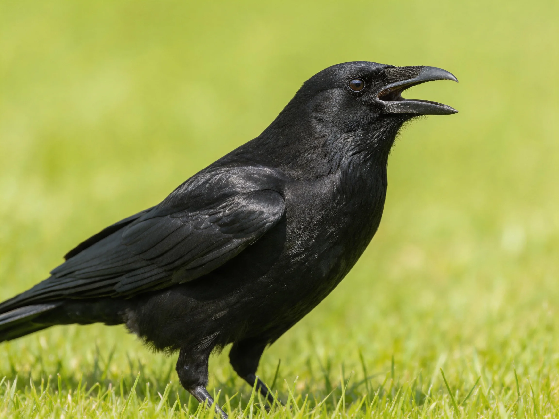 A glossy black crow standing on lush green grass