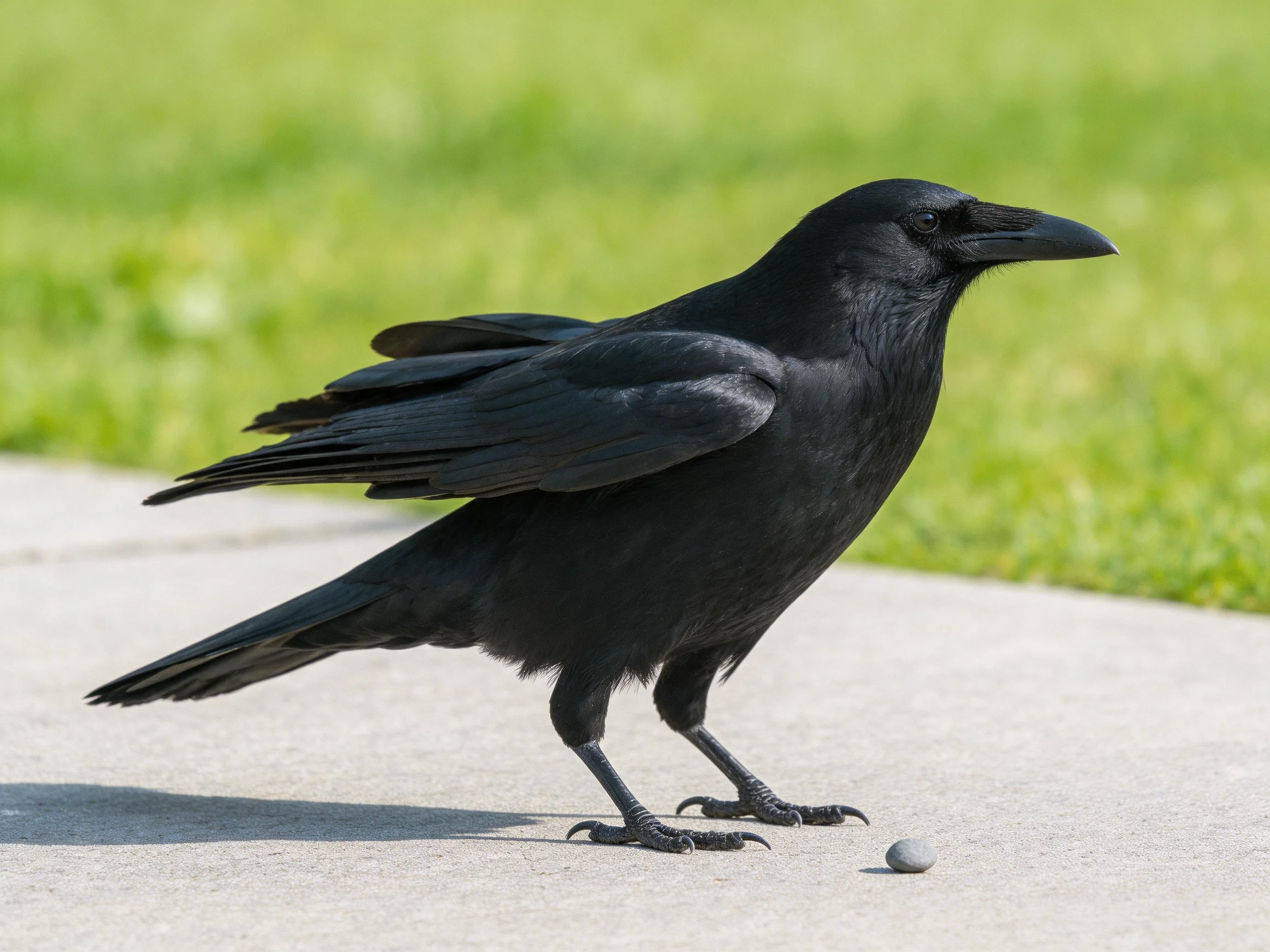 A glossy black crow stands near a small gray pebble on pavement