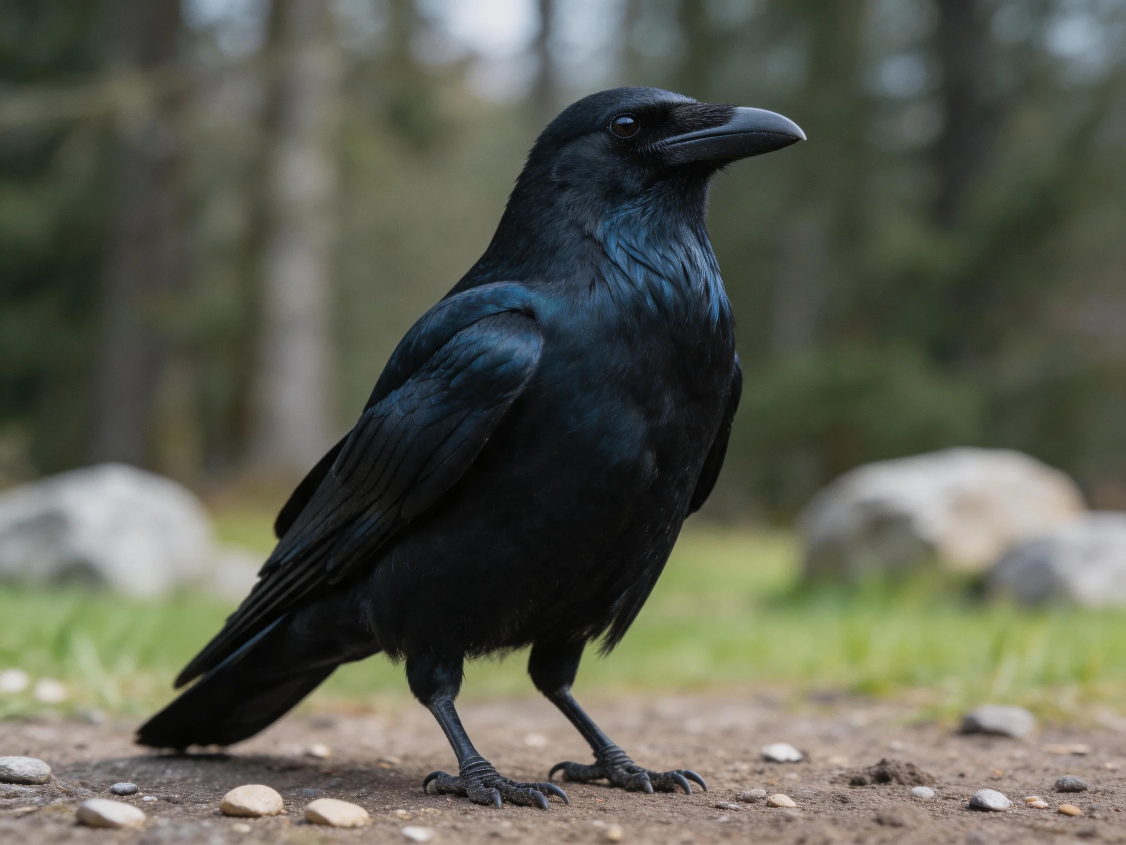 A glossy black crow stands on a gravel path near rocks