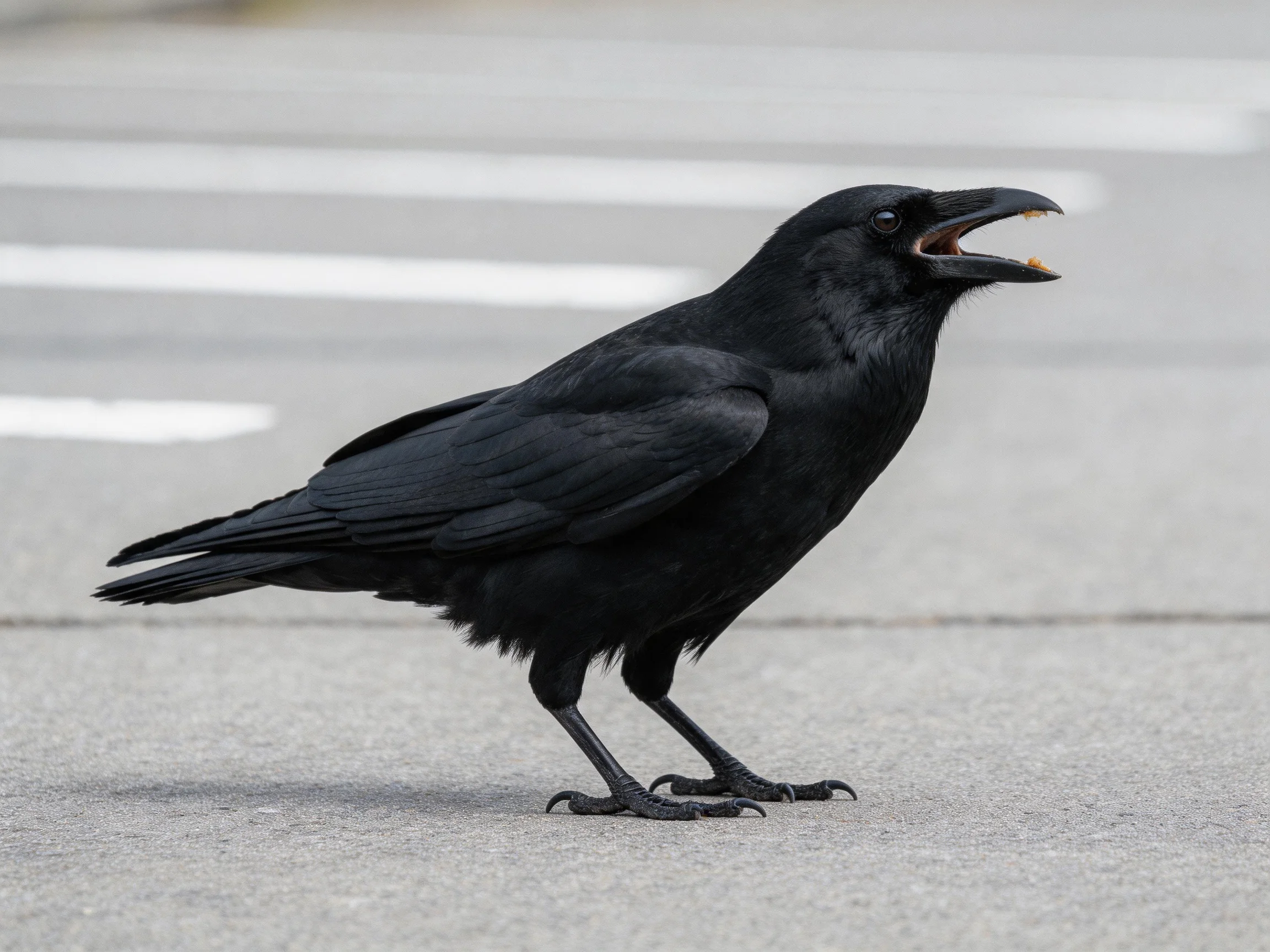 A glossy black crow stands on smooth gray pavement with open beak