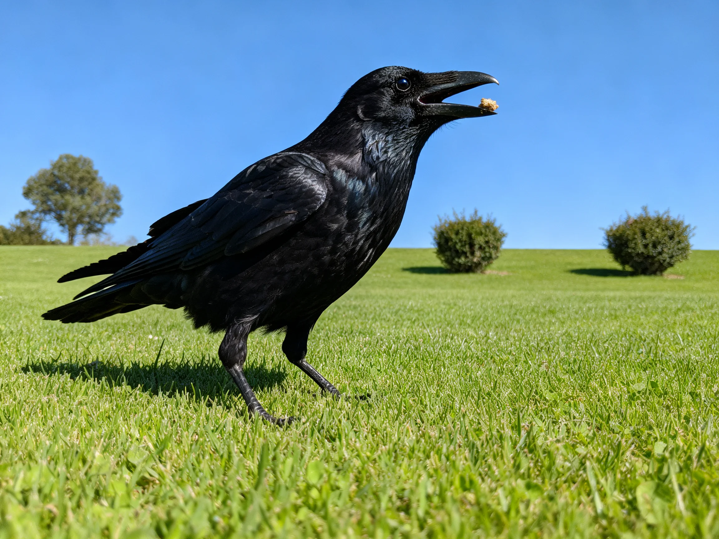 A glossy black crow stands on vibrant green grass with a clear blue sky