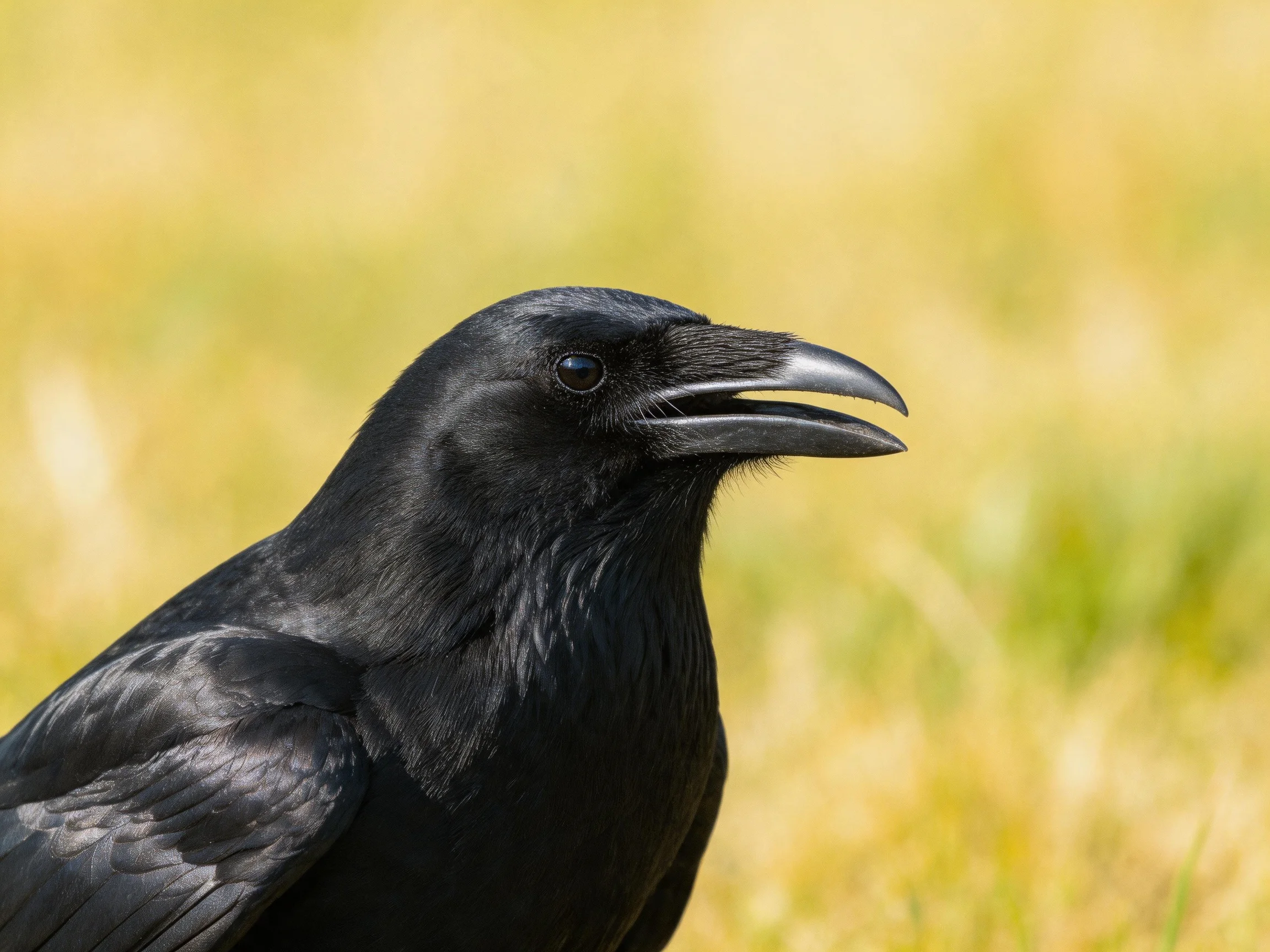A glossy black crow with sharp beak against blurred green-yellow backdrop